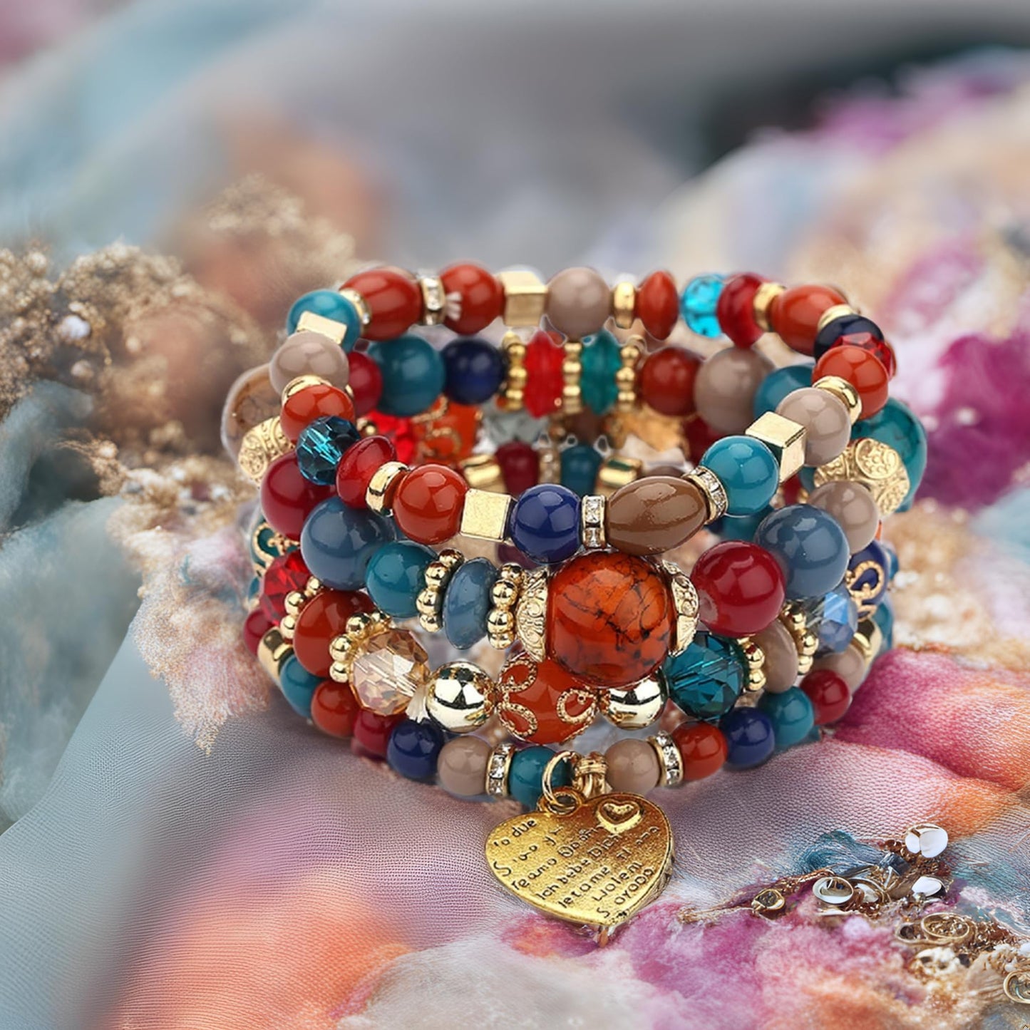 Jewellify Women Beaded Bracelet Set - Colorful Boho Stackable Design with Crystal Accents Bangle stretch Bracelet - Trendy Fashion Bracelets Jewelry for Women (Red)