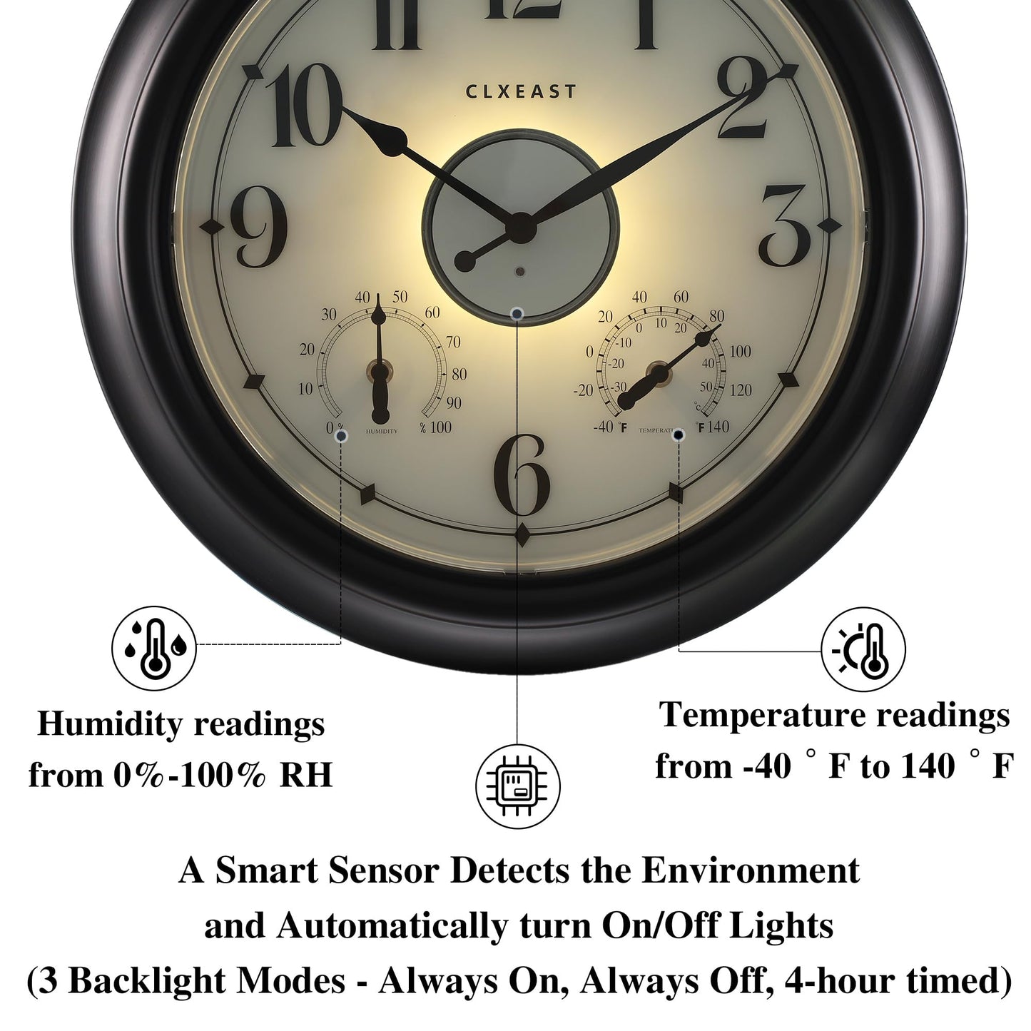 CLXEAST Illuminated Indoor Outdoor Clocks Waterproof 18 inch with Smart Night Light Sensor,Large Wall Clock with Thermometer & Hygrometer,Oil Rubbed Bronze Black,Spring Outdoor Decor