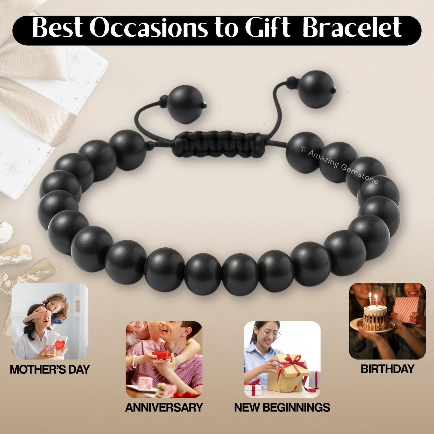 Amazing Gemstone Shungite Bracelet, Gifts For Men & Women - Protection Healing Crystal Bracelet - 8mm Gemstone Beaded Adjustable Bracelet, Pulseras Para Hombres Mujer Stocking Stuffers