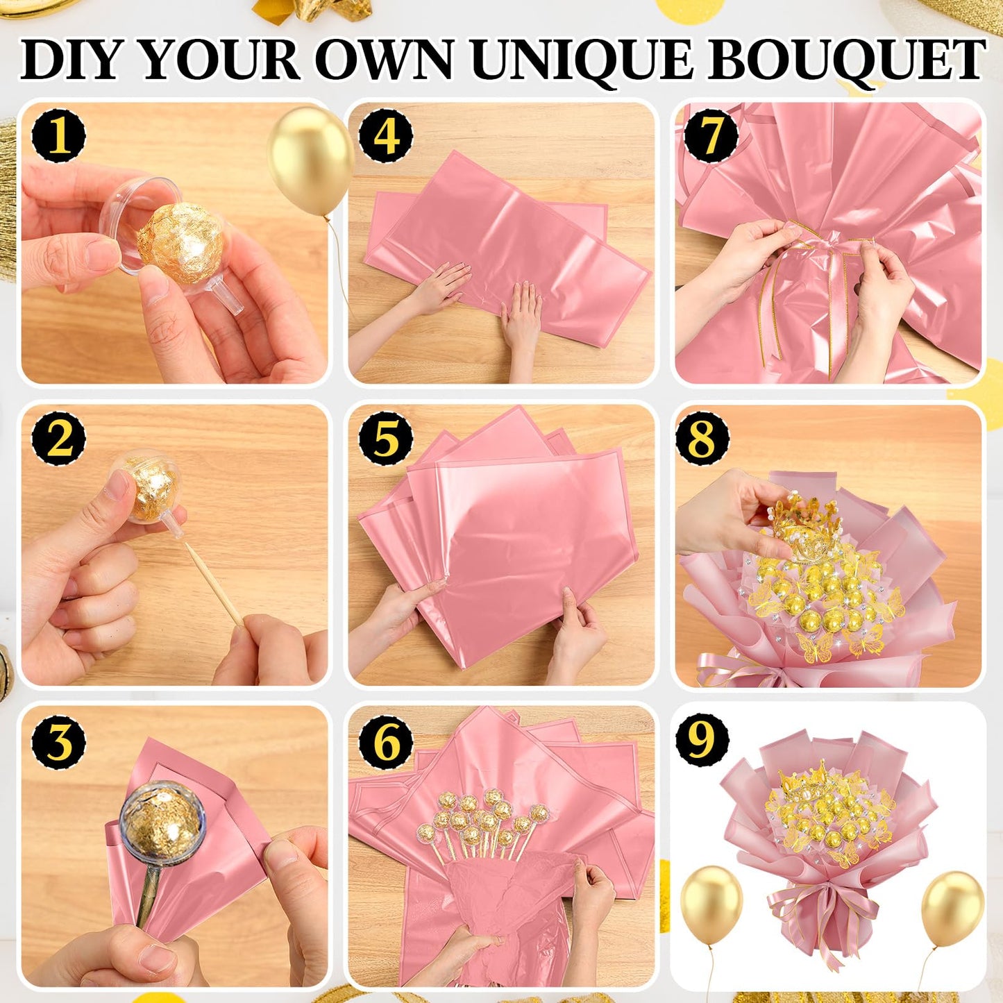 Funnymoom 109 Graduation DIY Chocolate Flower Bouquet Kit 2026 Candy Rose Clear Acrylic Lollipop Ball Holder Floral Wrapping Paper 3D Gold Butterfly Crown Ribbon Grad Gift(Pink)