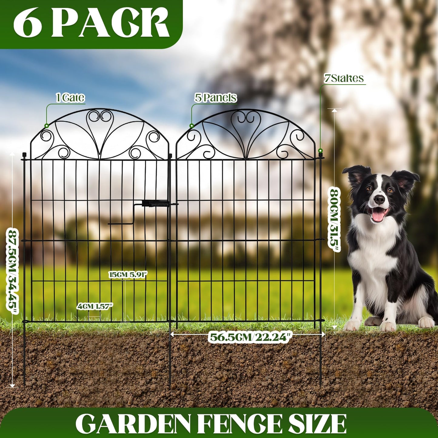 6 Panels No Dig Garden Fence with Gate, 32" H x 11ft, Decorative Metal Animal Barrier Dog Fence Outdoor for Yard, Walk-Through Iron Fencing for Flower Bed, Patio & Vegetable Garden