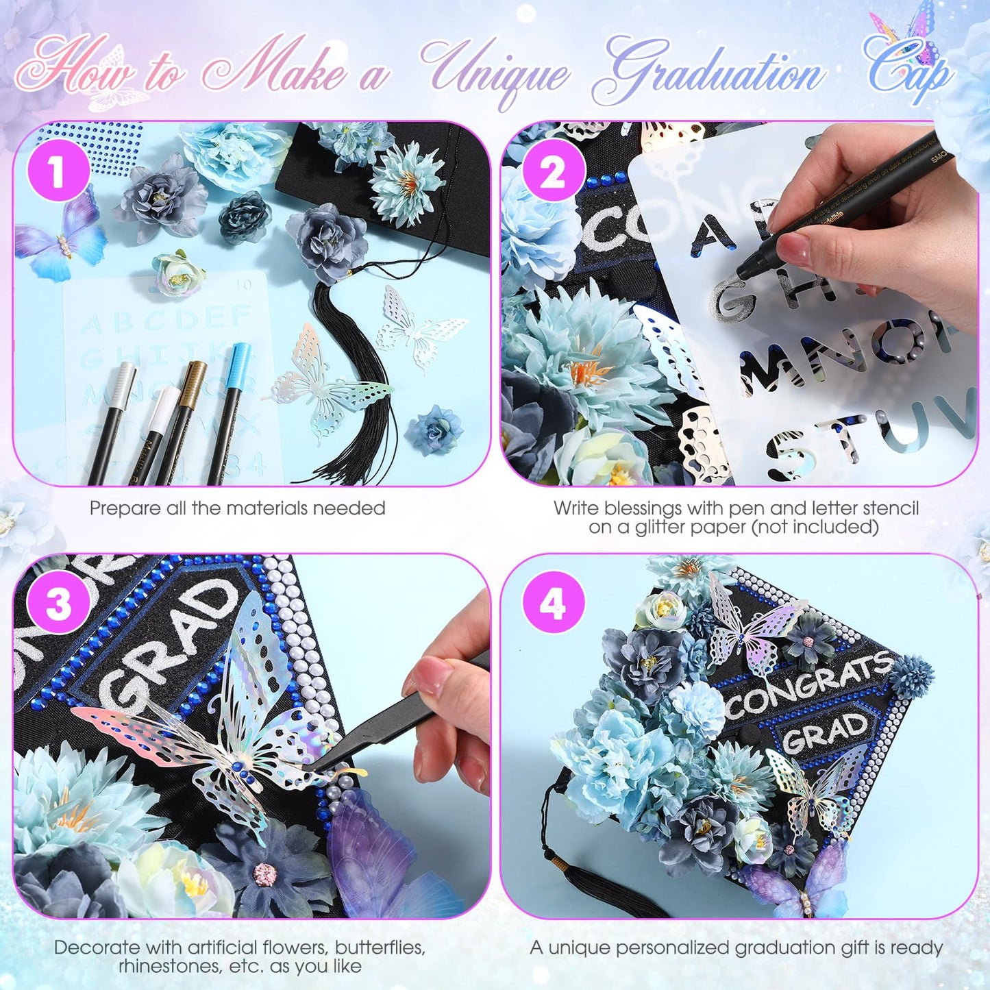 Lyrow 51 Pcs DIY Graduation Cap Decorations Kits Included Grad Cap Pens Faux Flowers Letter Number Stencils Rhinestones Stickers 3D Butterflies for Grad Hat Topper Decors Craft Art DIY(Dark Blue)