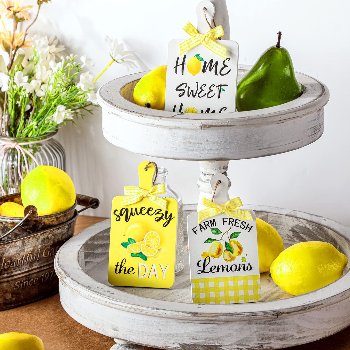 Yookeer 3 Pieces Wooden Hanging Signs Wall Decor Farmhouse Wood Hanging Signs for Home Kitchen(Lemon)