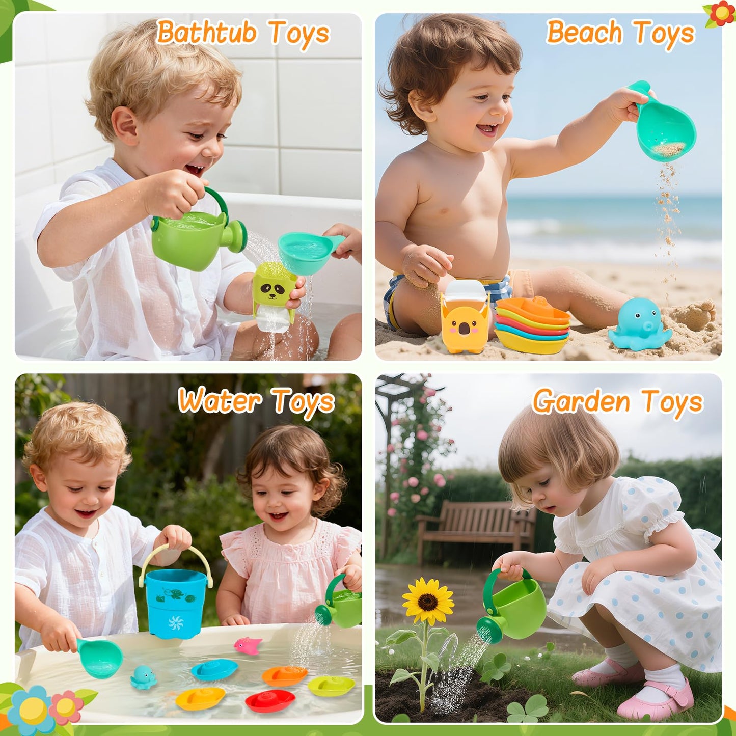 Mold Free Bath Toys, 17PCS | Easy Clean Easy-Grip Baby Bath Toys for Kids Ages 1-3 | Bath Boats Cups Watering Can Tub Toy for Toddlers Age 2-4 | Bathtub Pool Water Toys for 1+ Year Old Boys Girl Gifts