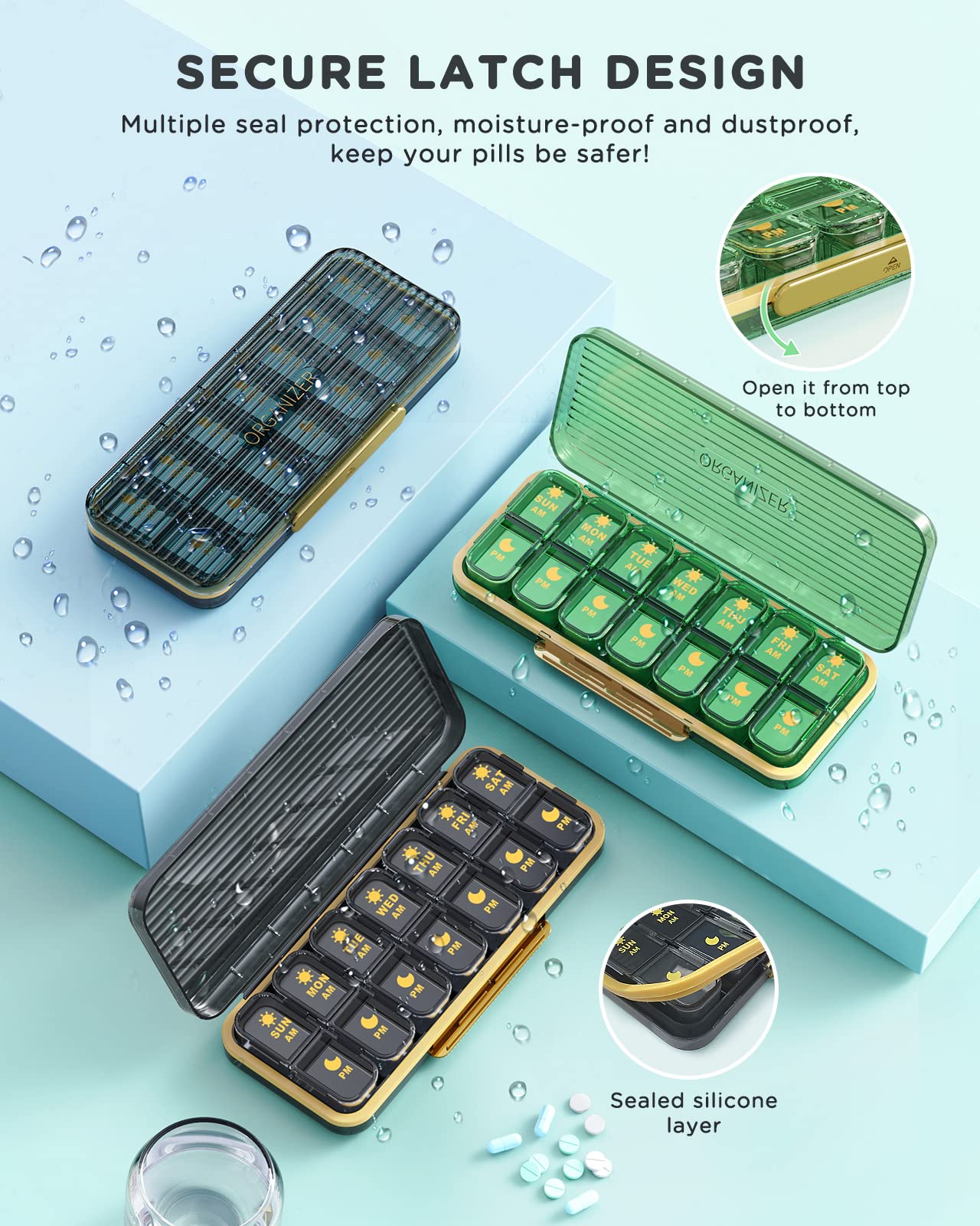 Am Pm Pill Organizer, Weekly Pill Box 2 Times A Day - Acedada 7 Day Pill Organizer with 7 Separate Containers, Portable Daily Medicine Dispenser Case for Vitamin, Fish Oils, Supplements, Stylish Blue