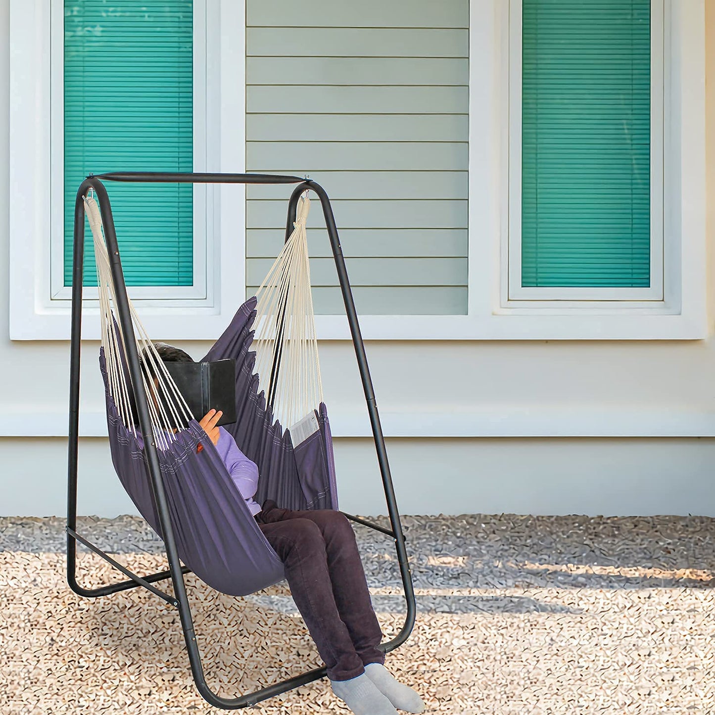 YUCAN Hammock Chair Stand with Hanging Swing Chair Included,Weather Resistant and Saving Space Stand Max 450 Lbs, Quality Cotton Weave Wrap Whole,Suitable for Indoor Outdoor Patio Yard（Grey） Patented