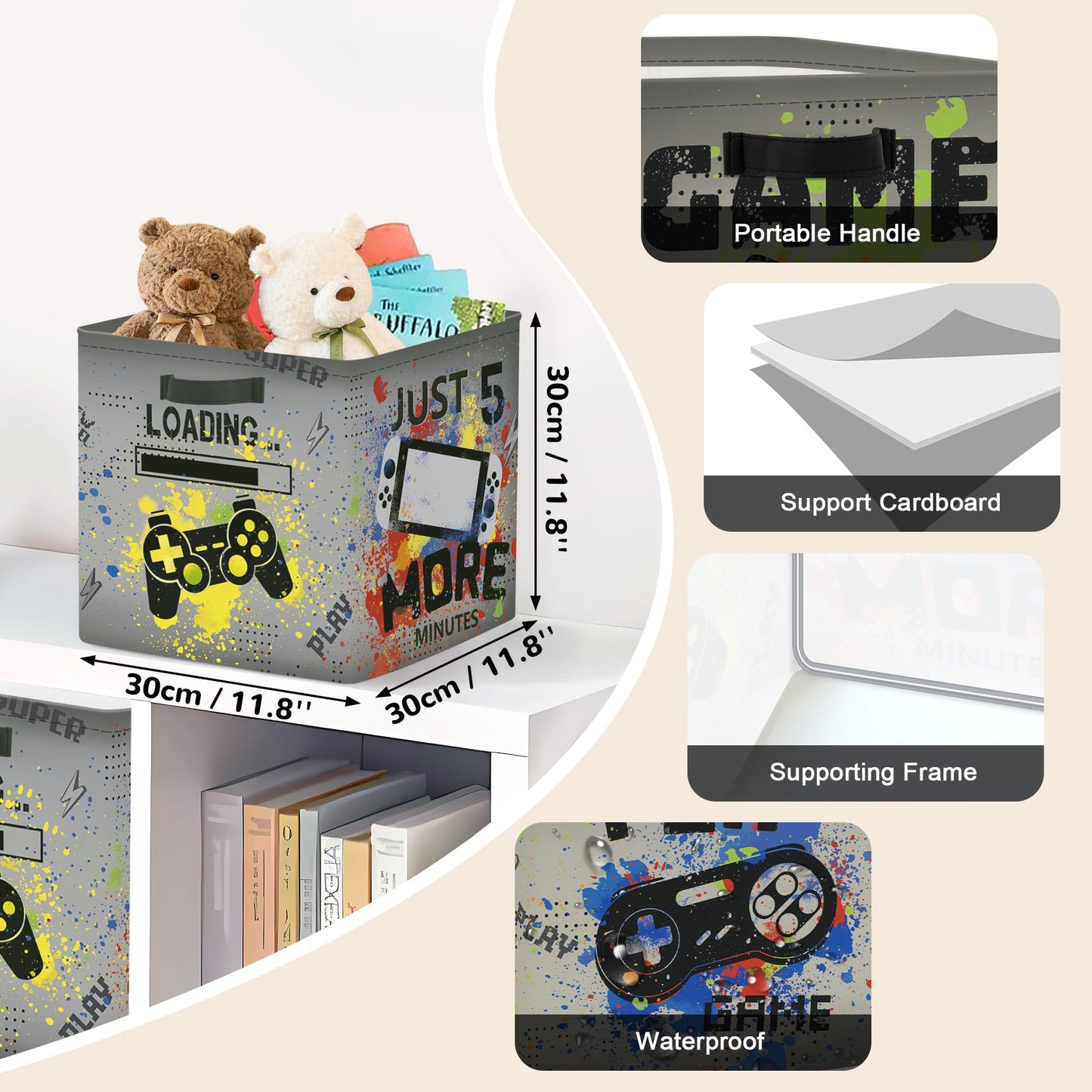 Clastyle Video Game Kid Storage Cube Organizer Set Black Gamepad Closet Clothes Cube Storage Bin Nursery Toddler Toy Box Chest Girl Boy Book Shelf Basket,Graffiti,11.8x11.8x11.8 in