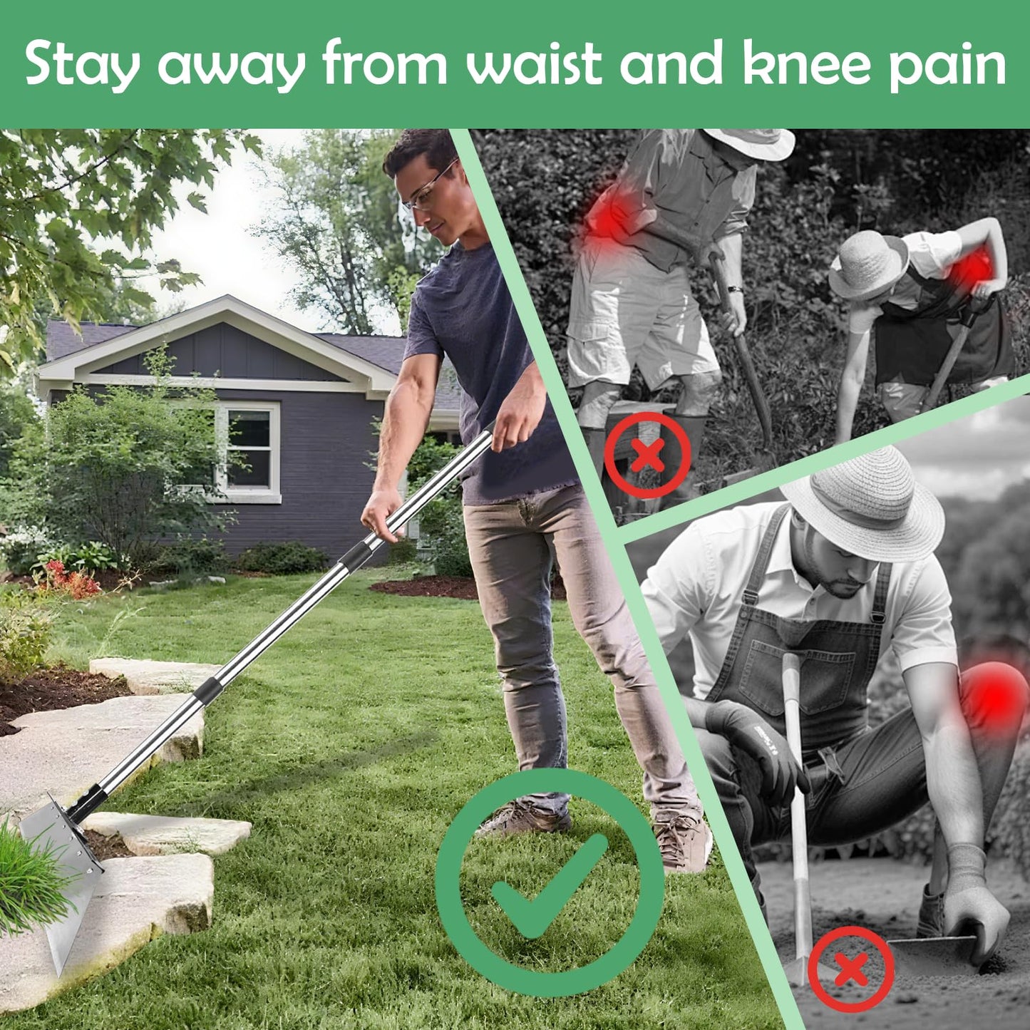 Garden Weed pullerToo,Heavy Duty 12" Multi Flat ShovelScraper, 14" Steel Thatch Rake with Adjustable Long Handle forLeaf & Moss& Edging & Ice & Snow Removal in Lawn, DrivewaysPatios, Cracks