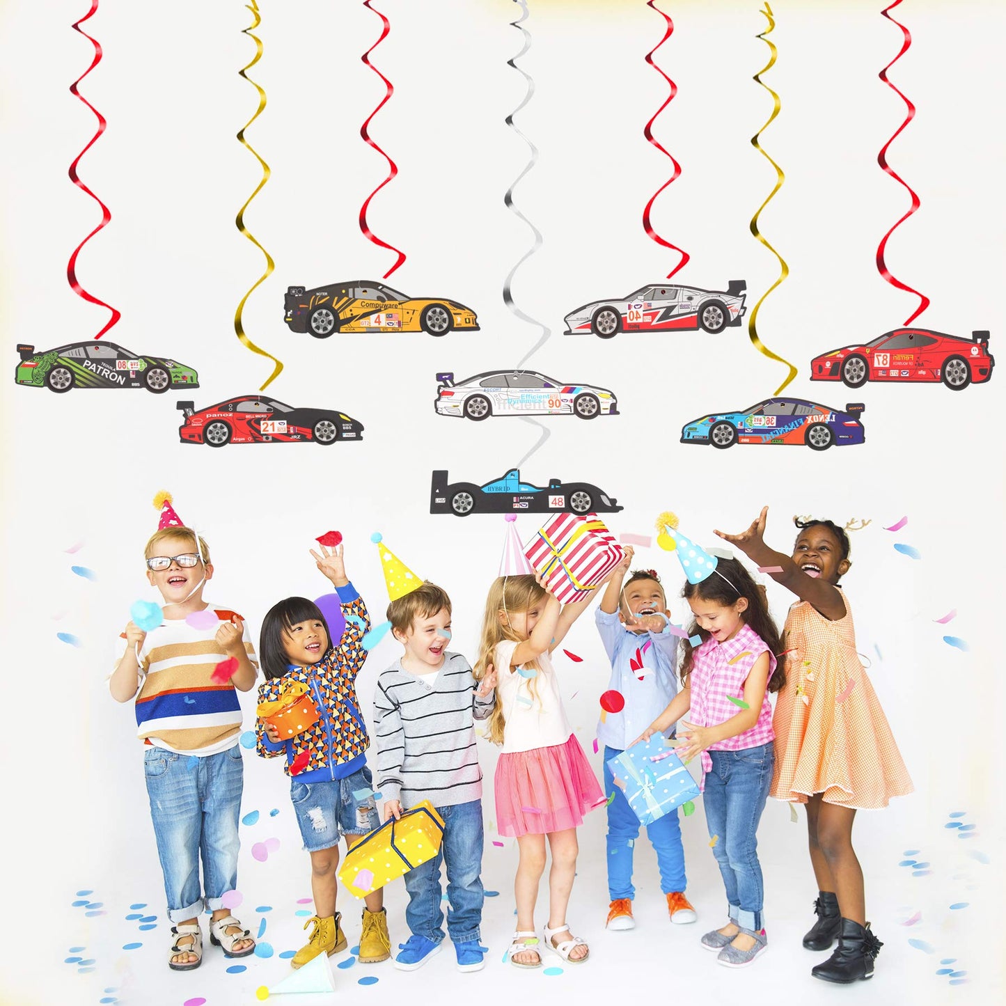 Racing Car Party Foil Swirls Streamers Photo Booth Props Kit - 30 Pcs Room Hanging Decorations Happy Birthday Childrens Kids Favors Party Supplies - NO DIY REQUIRED