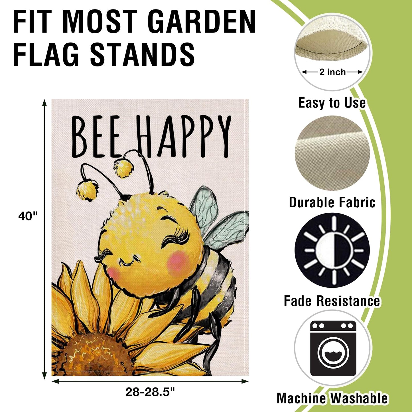 Artofy Spring Summer Bumble Bee Sunflower Large Decorative House Flag, Bee Happy Flower Floral Yard Garden Outside Decor, Honeybee Seasonal Burlap Outdoor Home Decoration Double Sided 28 x 40