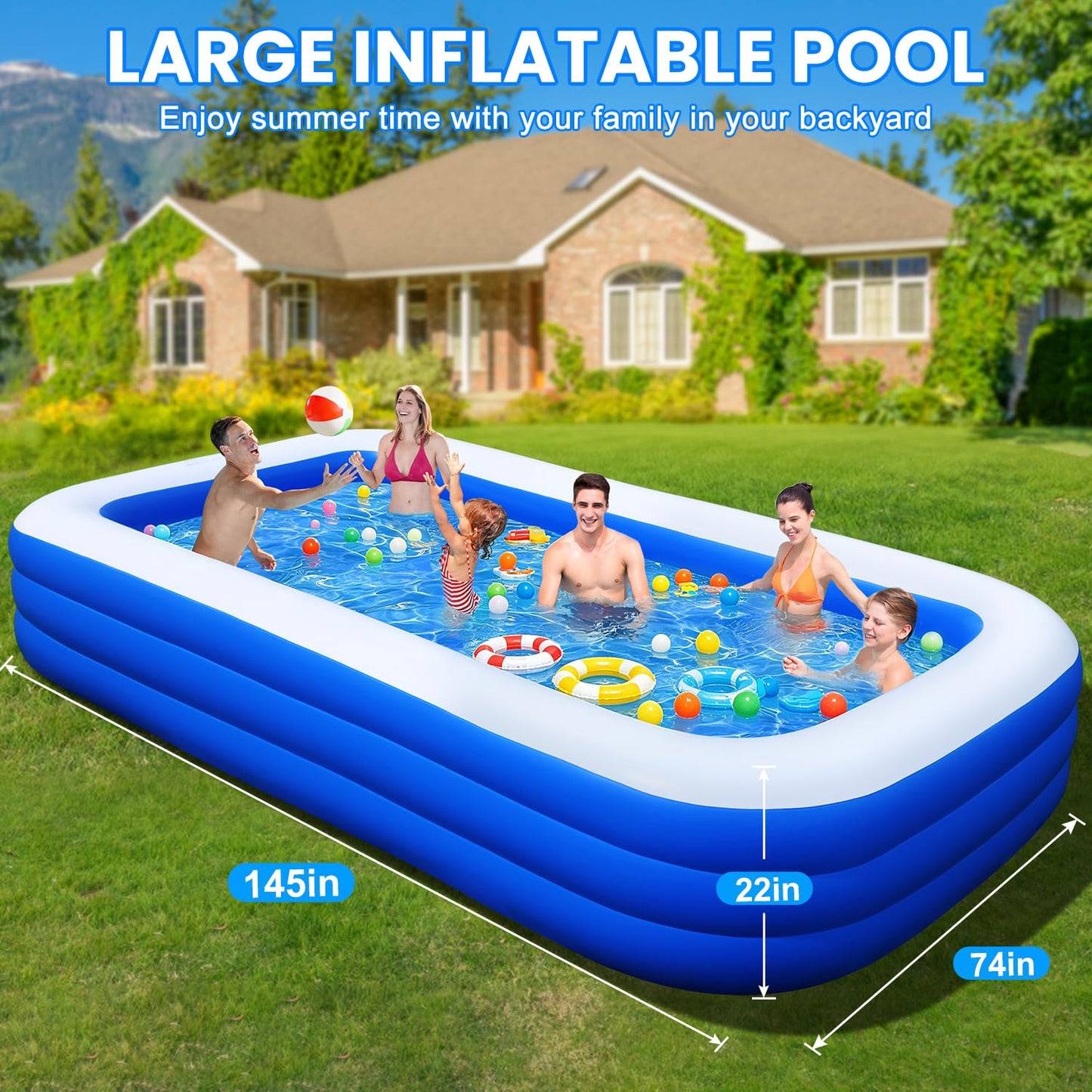 Oversized Inflatable Pool for Adults, 145" x 74" x 22" Extra Large Blow Up Family Swimming Pool, Durable Thickened Above Ground Pool for Backyard, Outdoor, Garden, Summer Water Party
