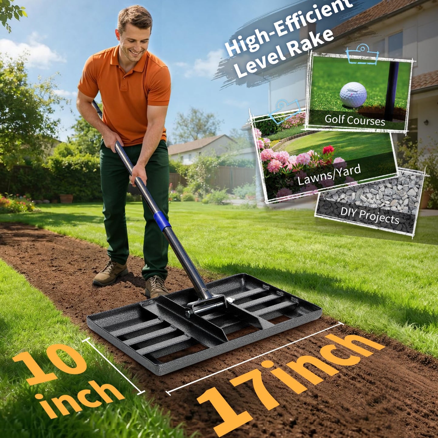 Lawn Leveling Rake, Heavy Duty Lawn Leveler with 17" x 10" Rakes Head Plate No Flipping, Smooth Garss Topsoil Dirt Sand, Metal Ground Leveling Tool with 5 ft Long Handle for Yard Garden Golf Course