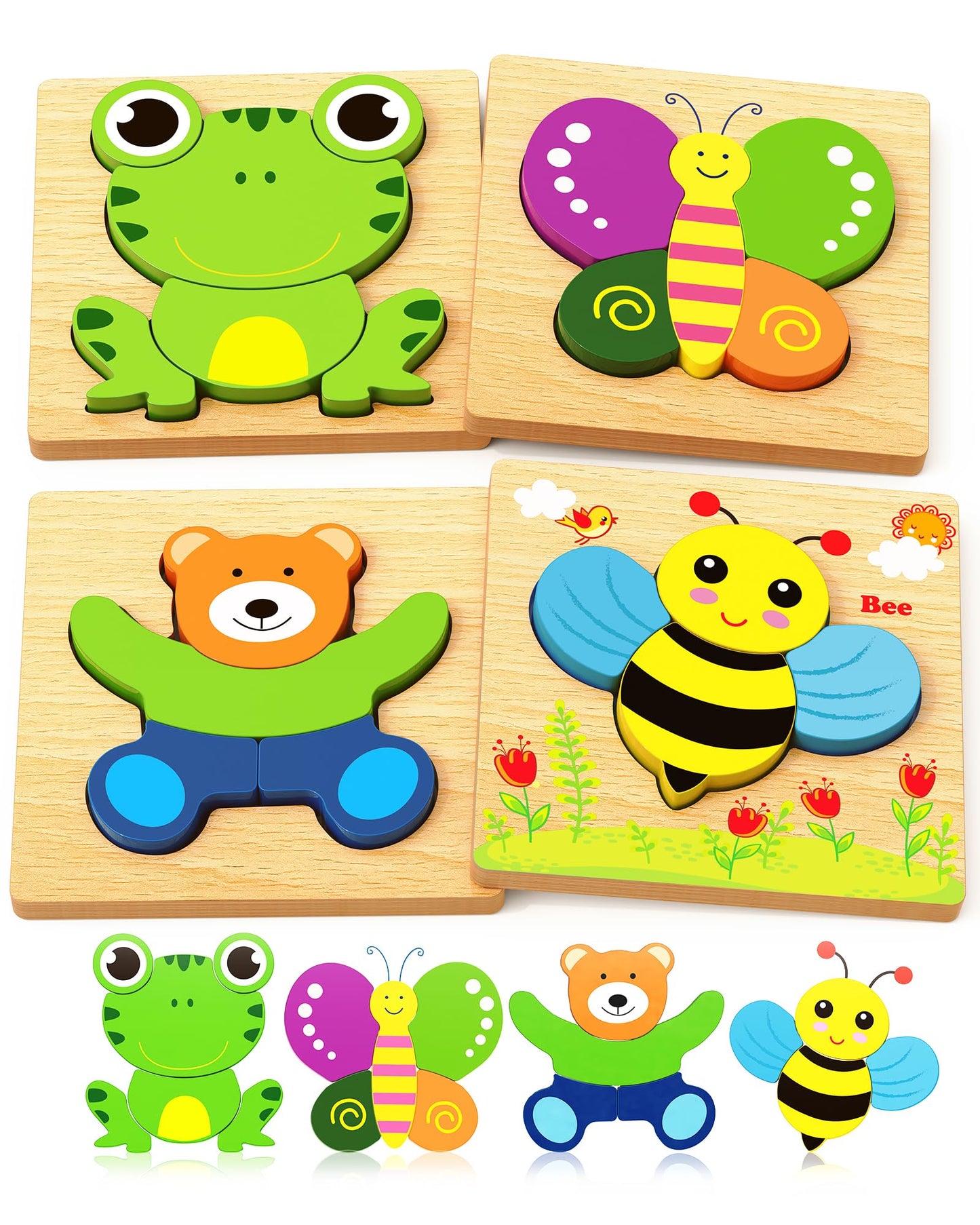 Bekayshad Wooden Puzzles Toddler Toys Gifts for 1 2 3 Year Old Boys Girls, 4 Pack Animal Jigsaw Puzzles Montessori Toys, Learning Educational Christmas Birthday Gifts for Girls Boys Ages 1-3