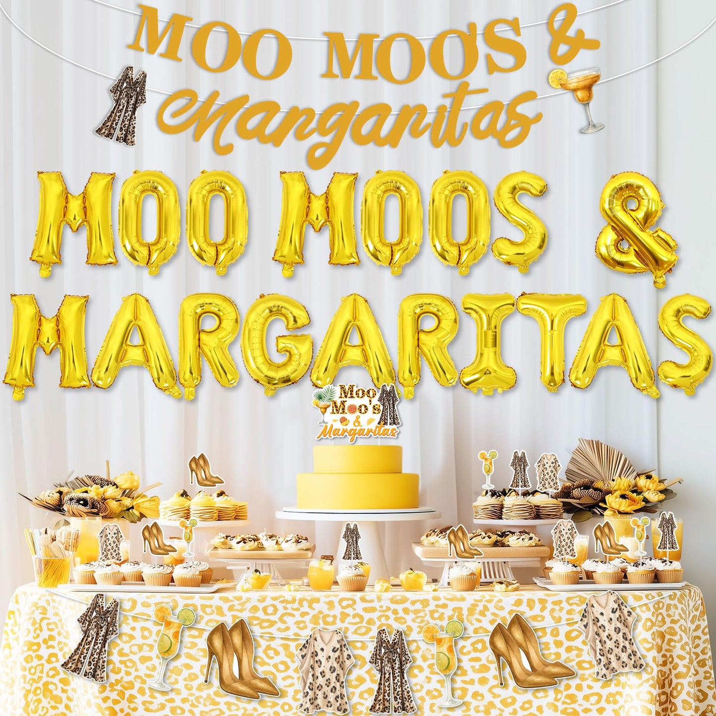 Moo Moos and Margaritas Decorations Gold Moo Moos & Margaritas Foil Balloon Banner Margarita Theme Cake and Cupcake Toppers Kit for Bachelorette Party Ladies Night Bridal Shower Birthday