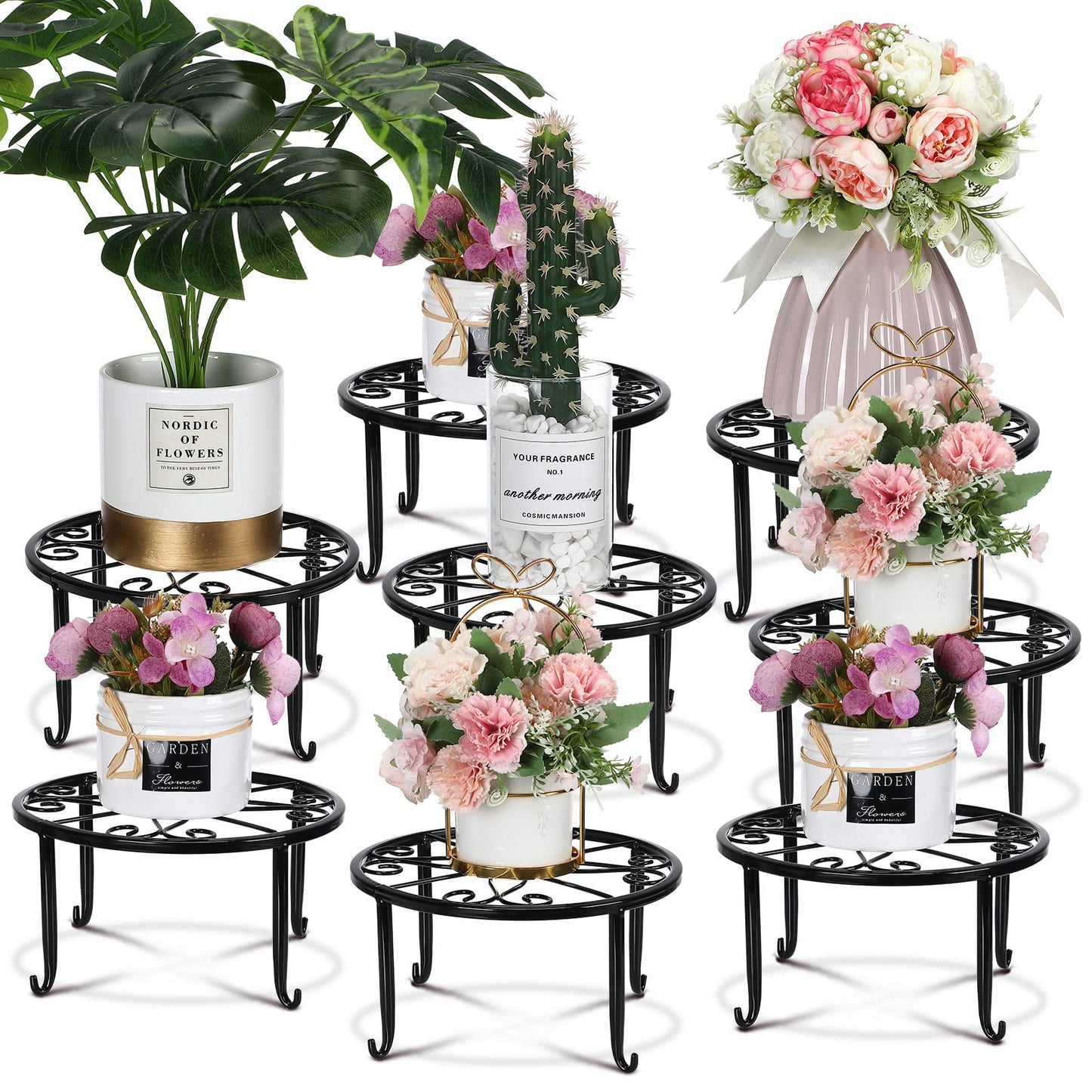Handepo 8 Pack Metal Plant Stands for Flower Pot Outdoor Indoor Plant Stand Iron Round Circle Plant Shelf Rustproof Plant Display Rack for Planter Supports Home Garden Container