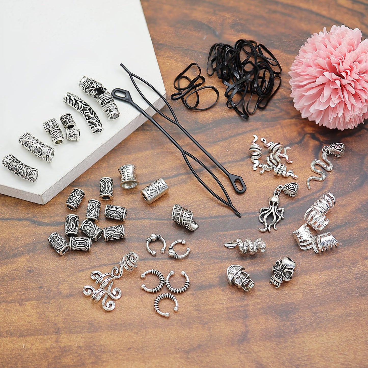 Fscwlmon 207Pcs Viking Hair Jewelry Nordic Runes Tube Beads,Accessories Kit for Braids Dreadlock Beard Locs,Metal Clips Cuff Rings,Braiding Beard Decoration Bracelets Pendant Necklace DIY Silvery