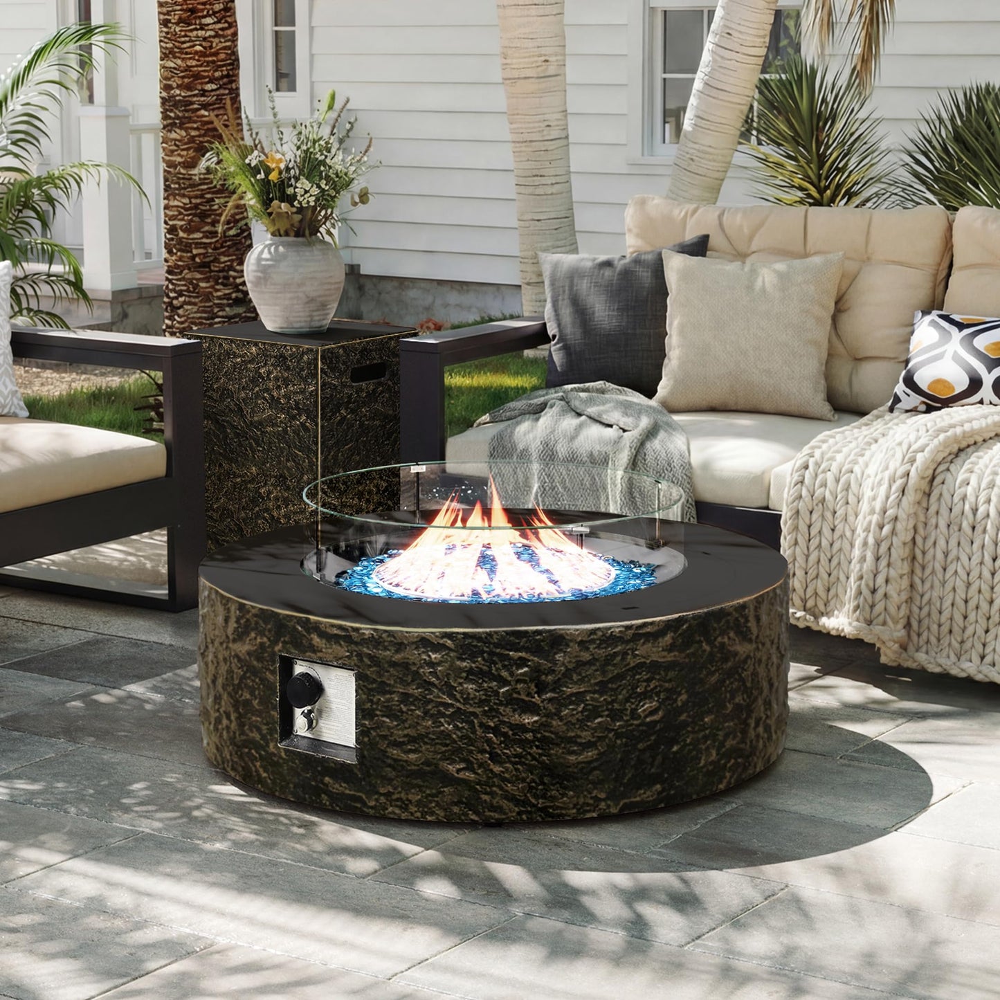 UPHA 42-inch Outdoor Propane Gas Fire Pit Table 50000 BTU Concrete Round FirePit for Outside Patio with Propane Tank Cover, Wind Guard, Blue Glass Rocks, Rain Cover, Bronze