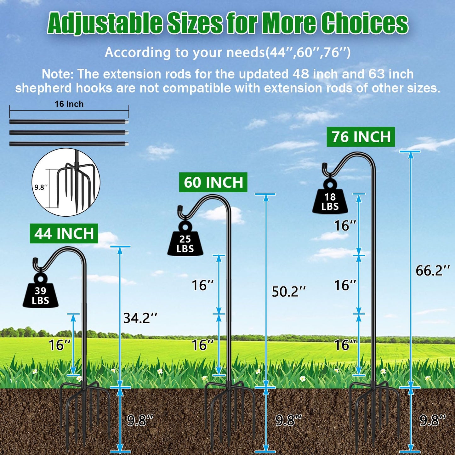 FEED GARDEN 76'' Bird Feeder Pole, Heavy Duty Shepherds Hooks for Outdoor with 7-Prong Base, Adjustable Shepherds Hook for Hummingbird Feeder, Lanterns, Plants, Wedding Decor (1 Pack)