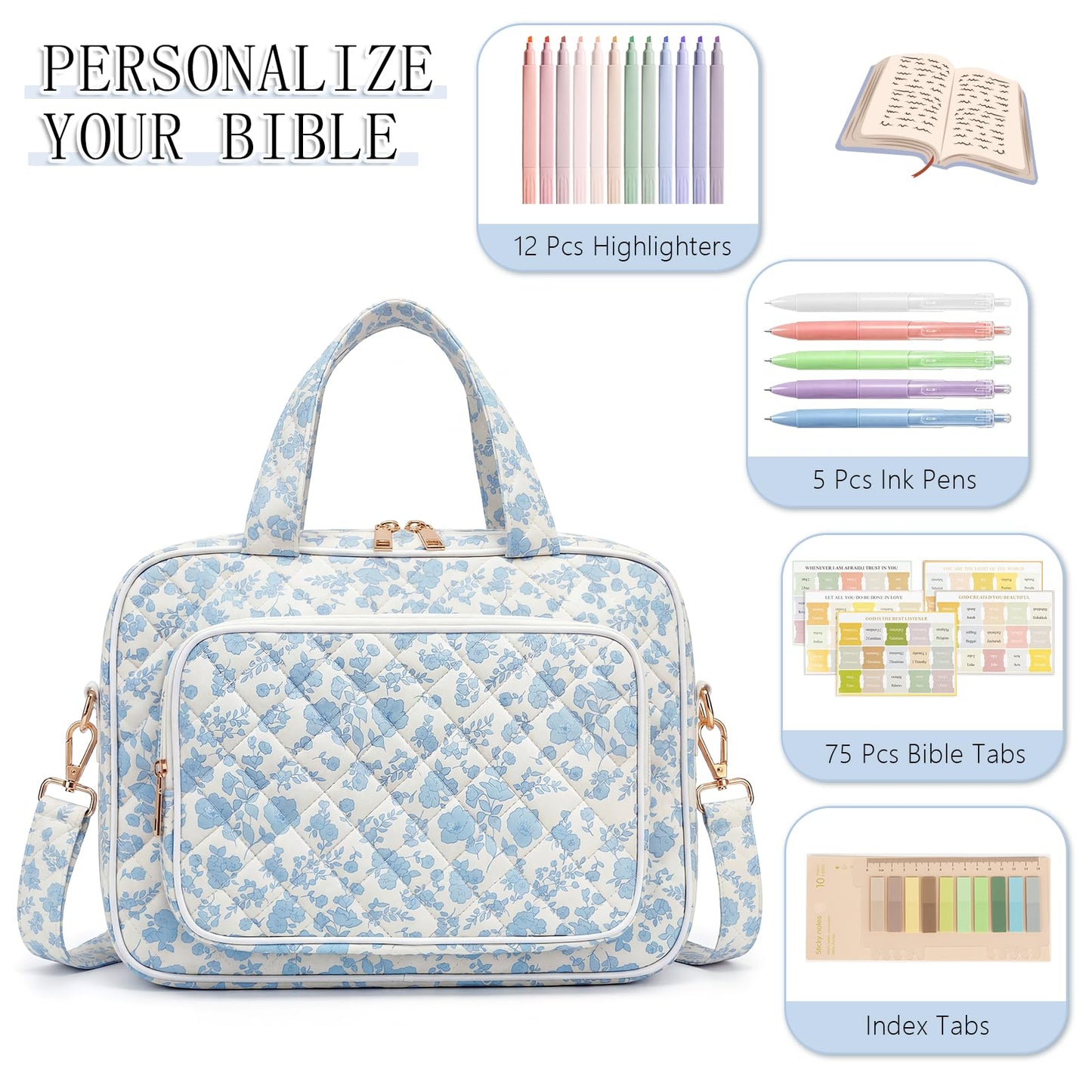 Bible Bag for Women, Large Bible Cover Case with Study Supplies,Girls Carrying Case with Highlighters, Pens, Bible Tabs, Sticky Notes, Christian Gifts for Girls, Mom, Easter Mothers Day Religious Gift