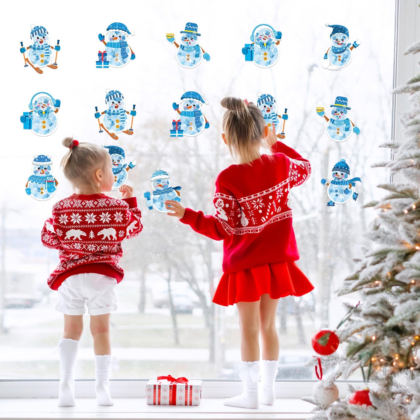 Renbuzhu 42PCS Winter Crafts Bulk: Snowman Paper Suncatchers DIY Kit for Christmas Holiday Activities Decorations, Window Stained Glass Effect Art Ornaments