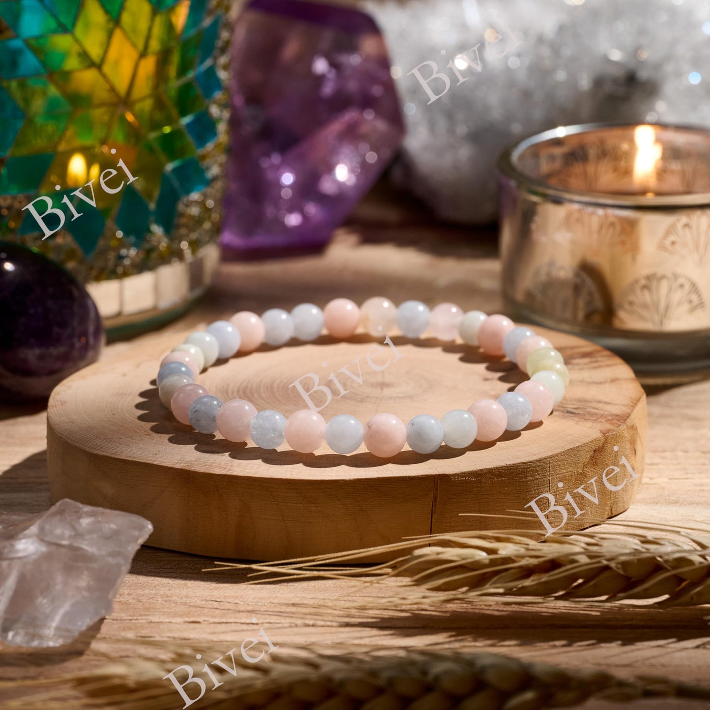 Bivei Morganite - Compassion - 6mm Beaded Bracelets for Women Handmade Semi Precious Natural Stone Stretch Elastic Jewelry for Women Yoga Protection Gifts