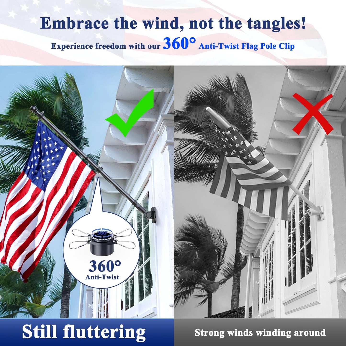 ESTTOP 5 FT Flag Pole, Tangle Free Spinning Stainless Steel Weather Resistant Rustproof Flagpole for 3x5 USA Flag Sports Fan Outdoor Flags 1" Dia Flag Poles for Outside House, Wall-Mounted (Black)