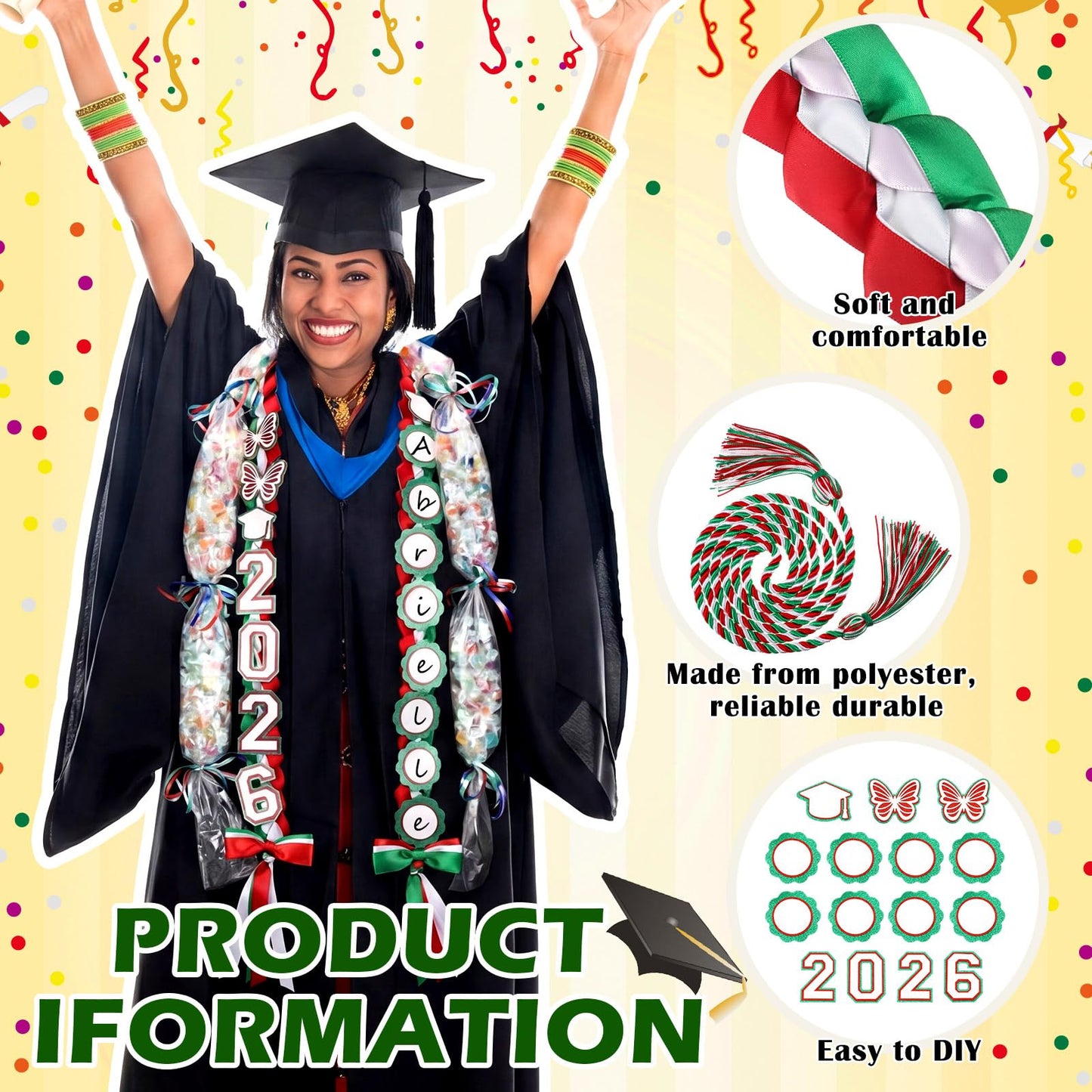 Lyrow Class of 2026 Mexican Graduation Leis Kit, Candy Leis for Graduation 2026 Green and Red Mexican Ribbon Double Lei Necklace Party Accessories