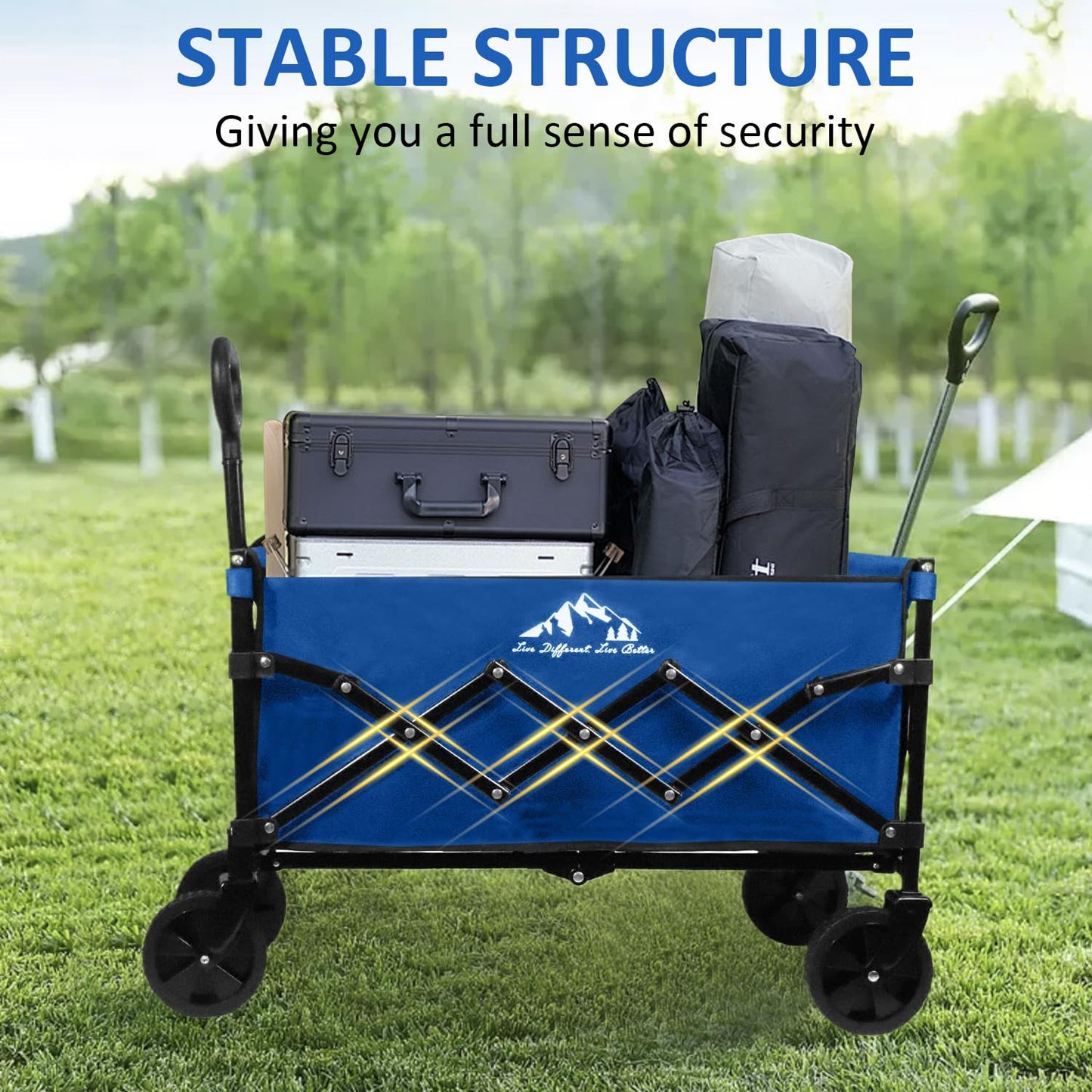VOYSIGN Collapsible Wagon Folding Utility Cart, Beach Wagon 352LBS Heavy-Duty with Adjustable Handles, 5" Quiet Swivel Wheels, Lightweight (11lbs) for Groceries, Camping, Moving, Blue