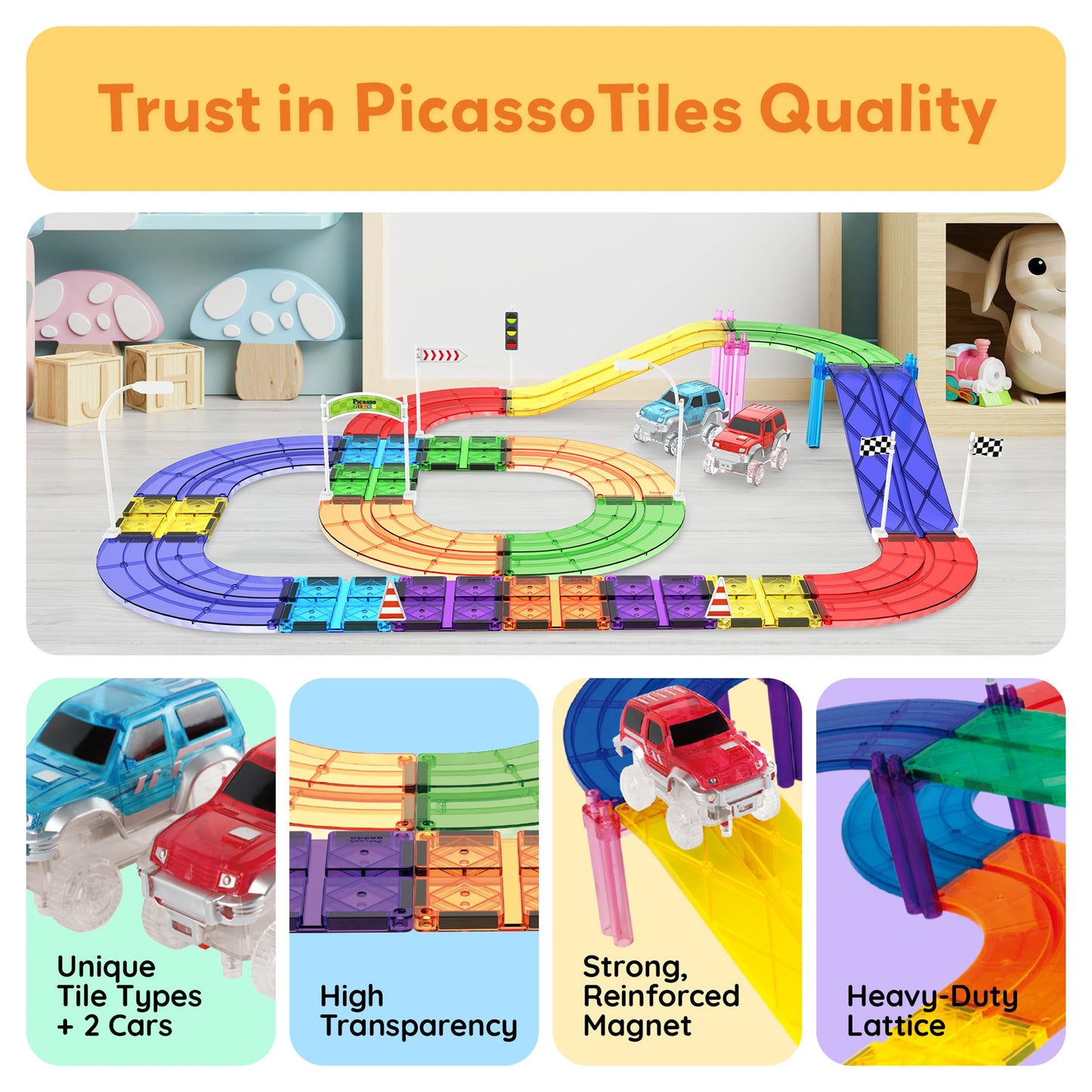PicassoTiles 45pc Magnetic Tiles Race Track Set With 2 Racing Cars Plus Traffic Accessory Kit STEM Educational Learning Construction Building Magnet Tile Toy For Toddlers Boys Girls Kids Age 3+ PTR451