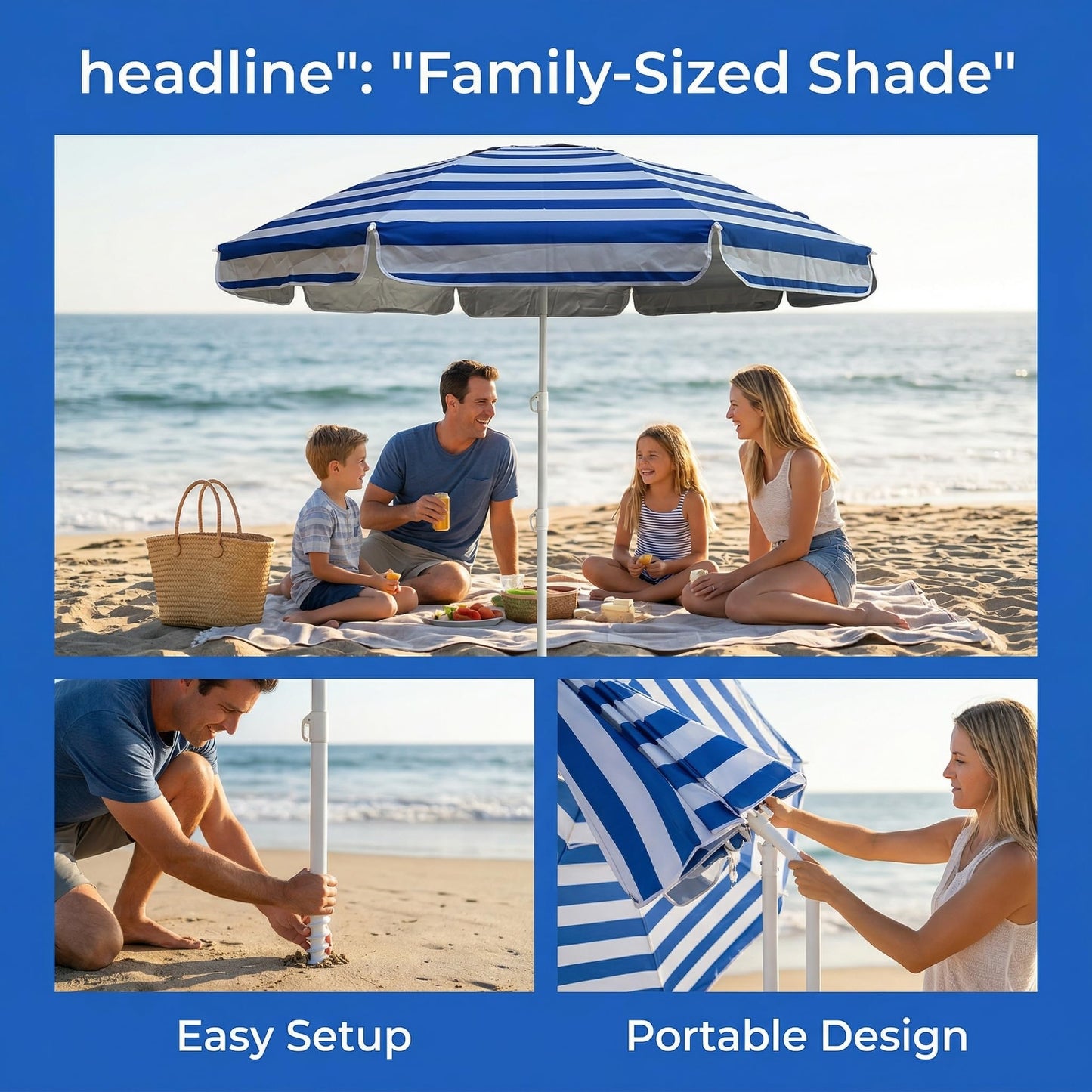 LOTTAFUN 6ft Beach Umbrella - Heavy Duty Wind Resistant UV 50+ Portable Sun Shade with Sand Anchor & Carry Bag, Outdoor Folding Umbrella for Beach, Pool, Patio, Garden (Blue strip) No Tilt