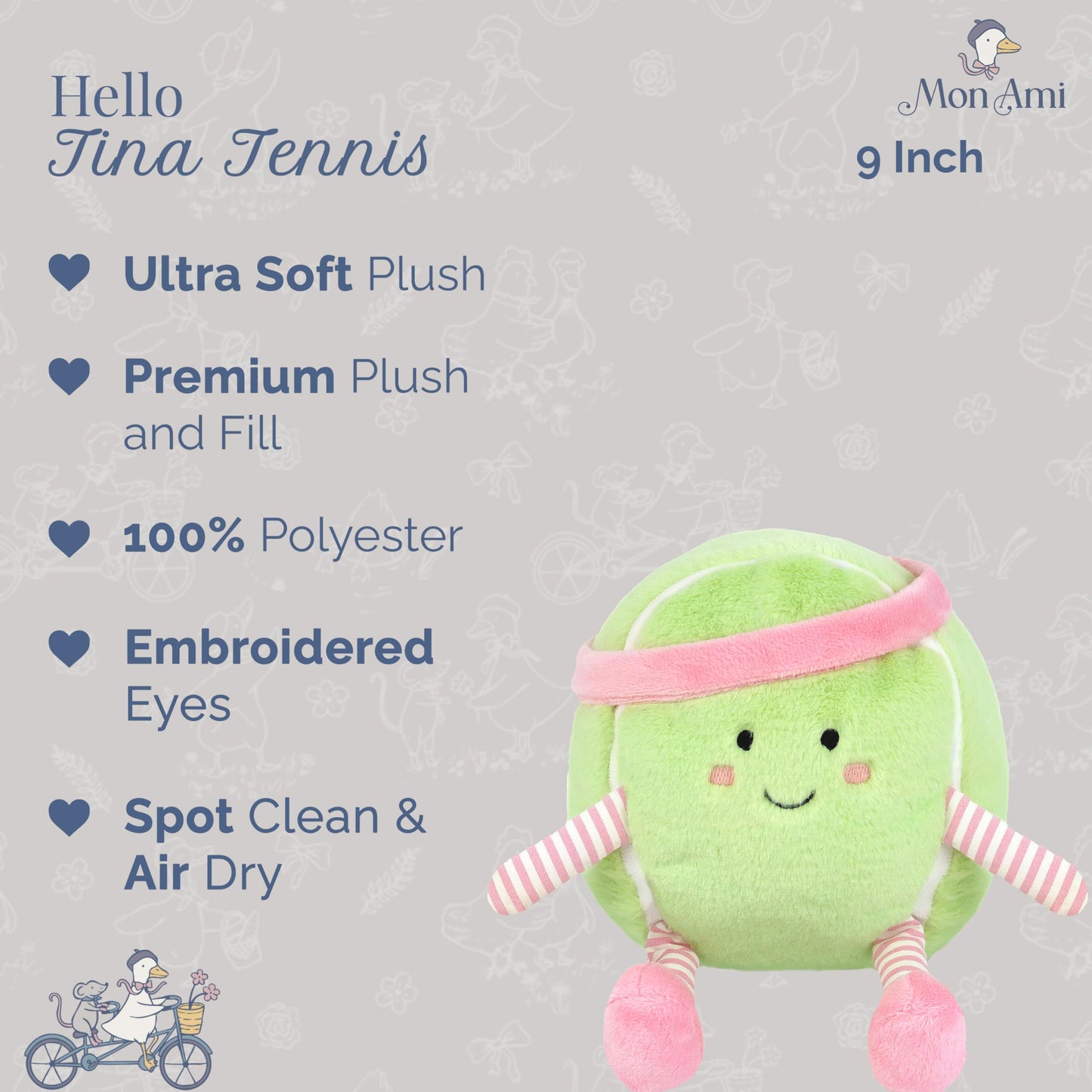MON AMI Tina Tennis Ball 9-Inch Sports Plush Toy for Boys & Girls | Soft Tennis Stuffed Toy | Playroom Sports Décor | Gift for Kids & Toddlers