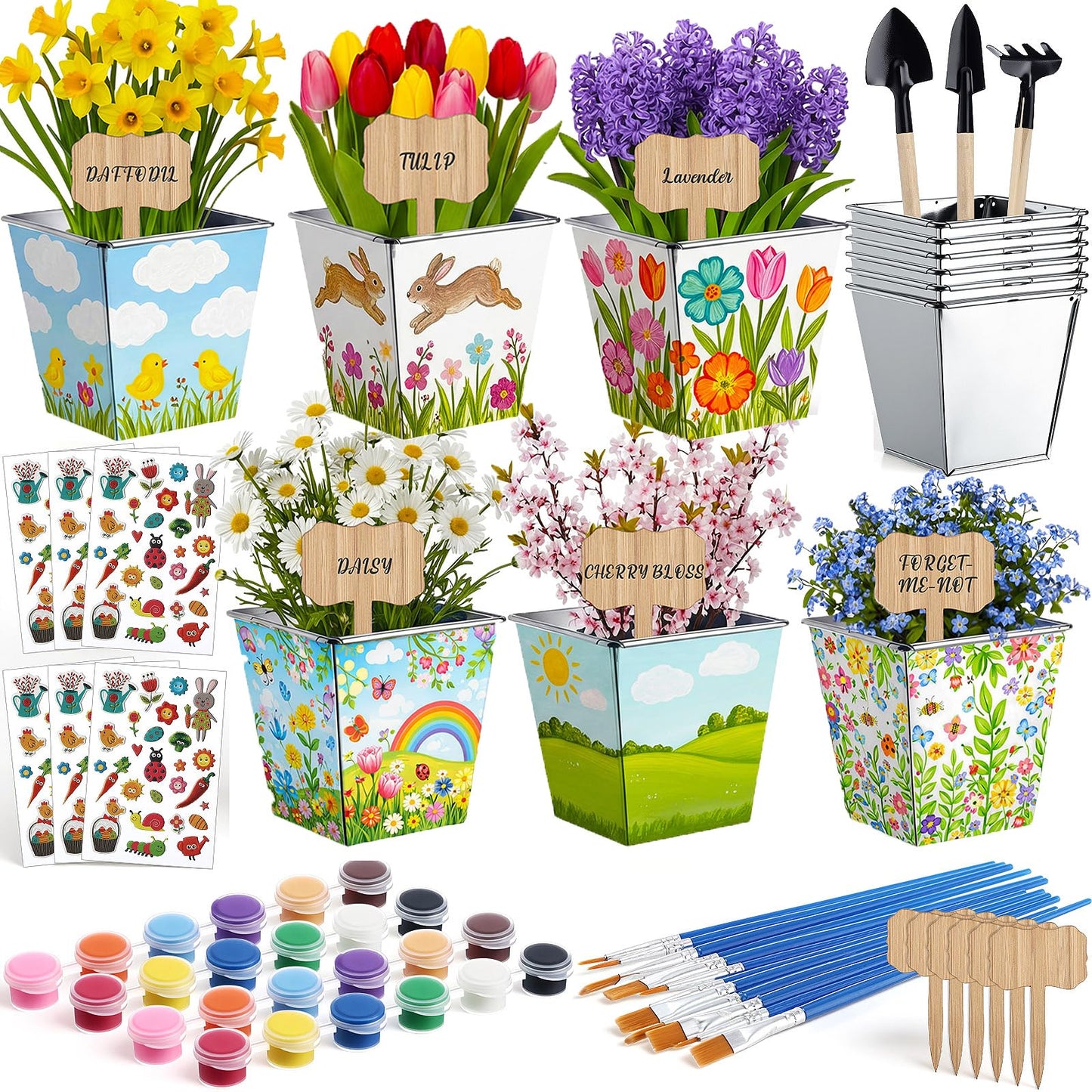 Ferrochef 6 Sets Garden Flower Pots Crafts Kit DIY Metal Iron Plant Pots Acrylic Paint Stickers Brushes Plant Labels Gardening Tool Kit for Planting Crafts Mother's Day Graduation Creative Gift