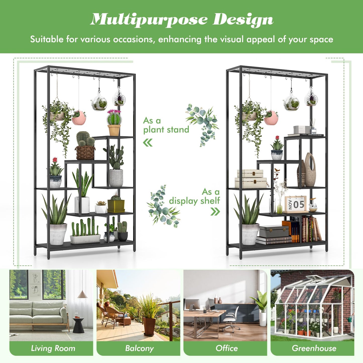 Giantex 71" Tall Plant Stand Indoor, 6-Tier Metal Plant Shelf with 10 Hanging Hooks, Multiple Potted Flower Bonsai Pots Display Rack for Indoor, Balcony, Living Room (Black)