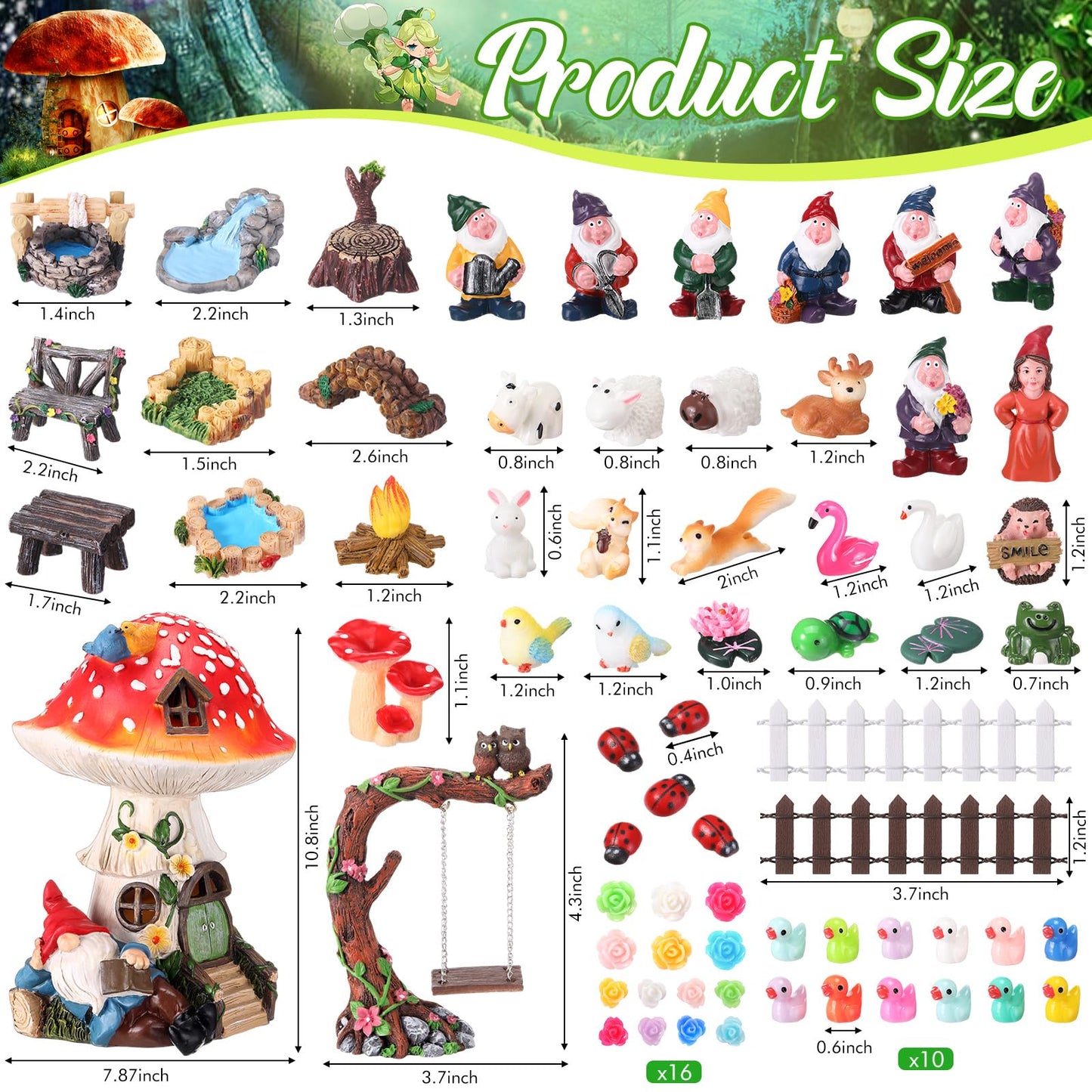 HyDren 100 Pcs Fairy House Garden Kit Accessories Miniatures Fairy Figures Gnomes Statue Lights Mushroom House Micro Landscape Ornaments for DIY Outdoor Dollhouse Decoration