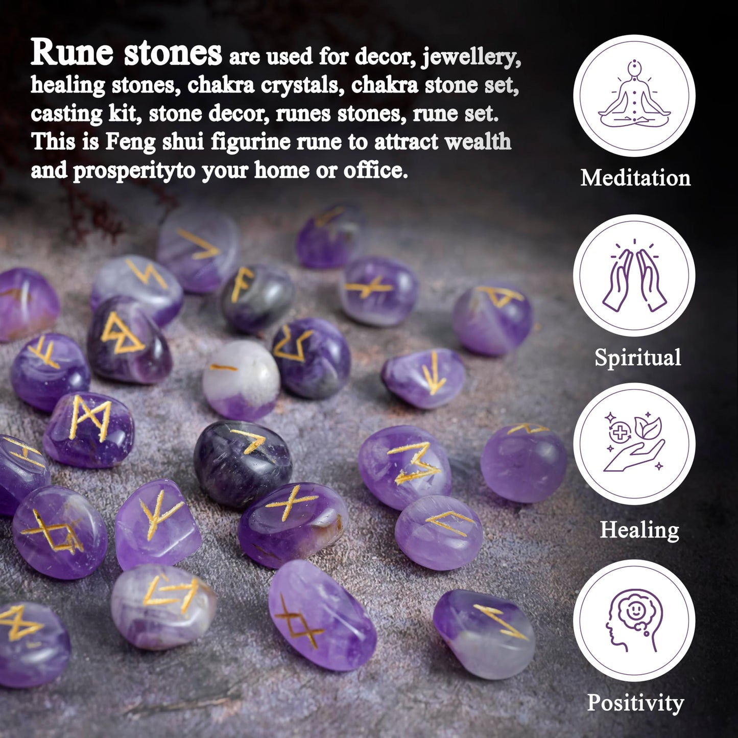 Crocon Amethyst Gemstone Rune Stones Set with Elder Futhark Alphabet Engraved Symbol 25 pcs Set for Feng Shui Chakra Balancing Reiki Healing Crystal Runes Stones Set Size: 15-20 mm
