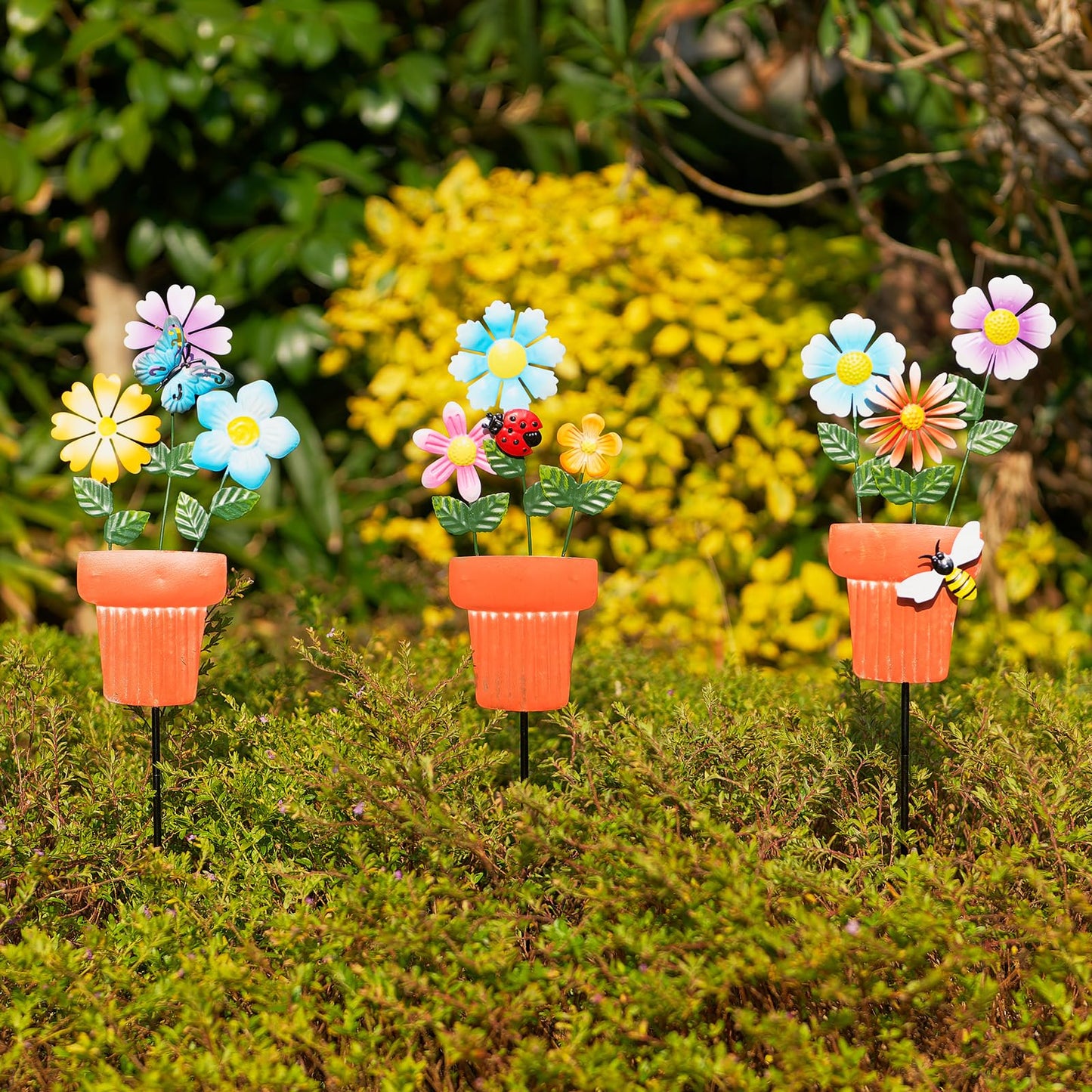 Qipade 3 Pcs Metal Flower Garden Stakes, 24" H Flower Pot Shape Decorative Garden Stakes, Metal Yard Art for Outdoor Spring Lawn Patio Pathway Decor