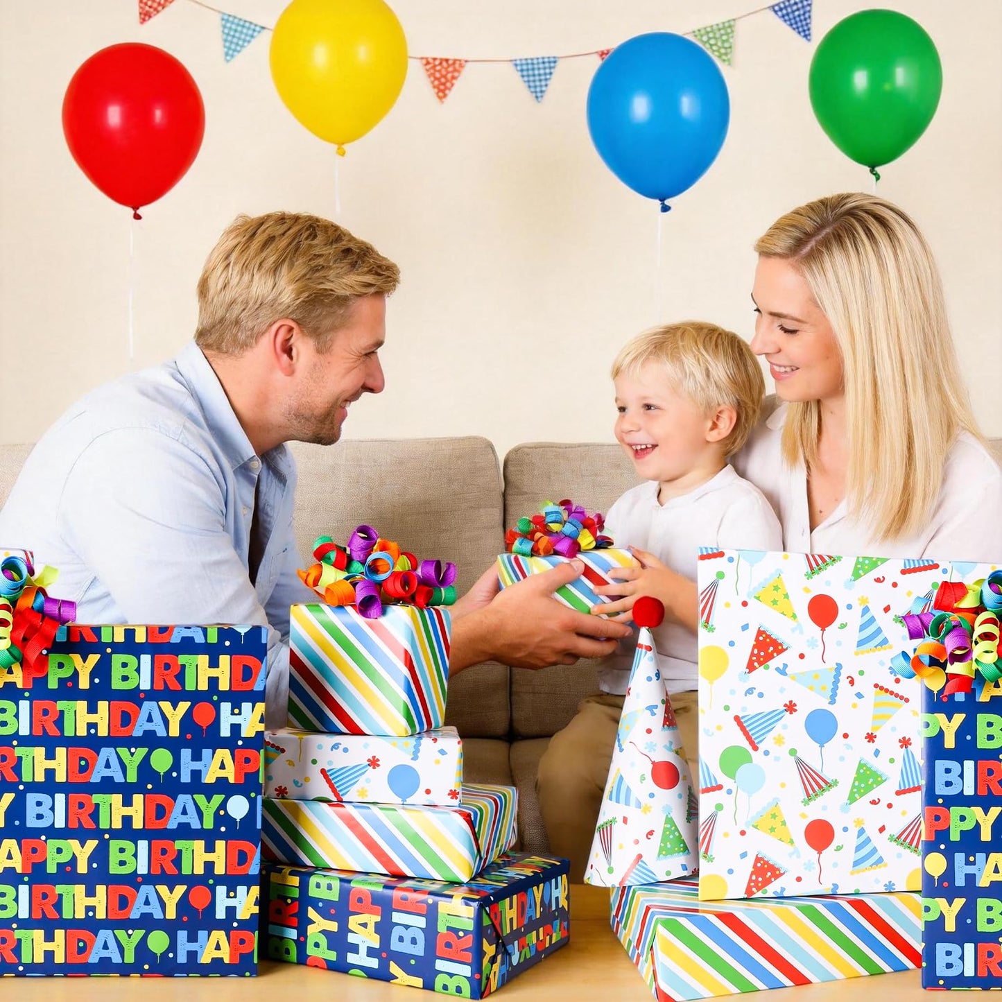 BIOBROWN Birthday Wrapping Paper, Colorful Gift Wrap with Text Happy Birthday Balloon Stripes Design for Kids, 17 inch X 120 inch Per Roll