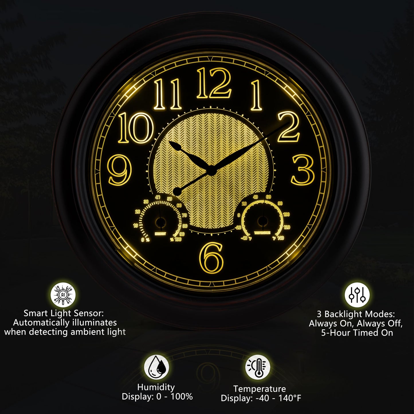 18 Inch Large Illuminated Outdoor Wall Clock, Waterproof Wall Clock with Smart Night Light Sensor, Lighted Large Wall Clock with Thermometer & Hygrometer for Patio Pool Porch Garden & Home Decor