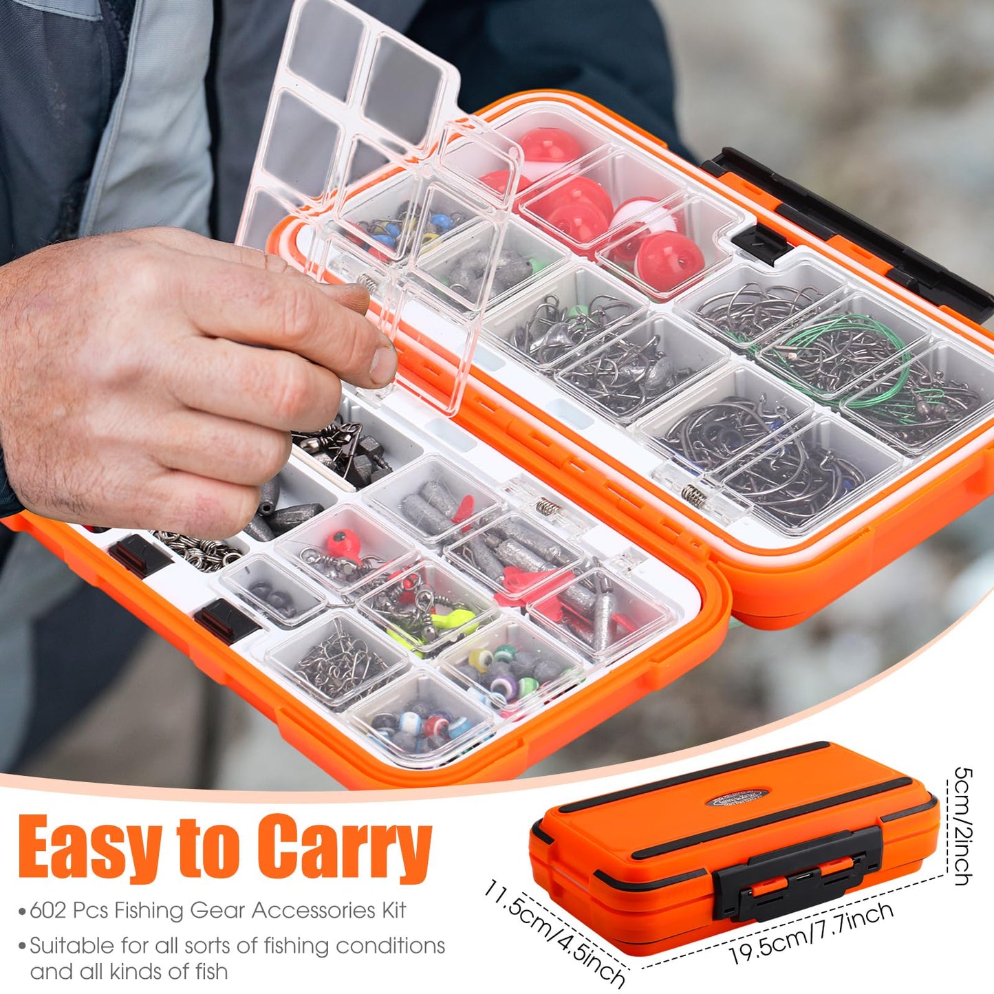 RoundFunny 602 Pcs Fishing Tackle Accessories Kit, Organized Fishing Tackles Box with Tackle Included, Fish Hooks, Weights Sinkers, Swivels, Beads Gear and Equipment Set, Fishings Gift for Men