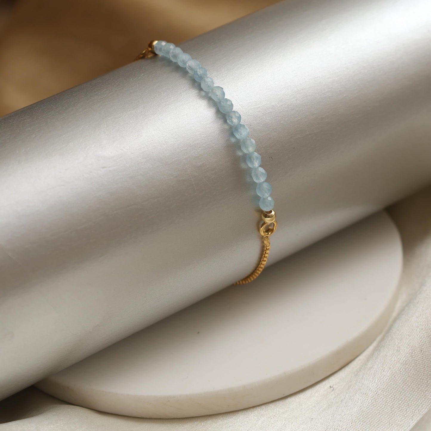 Gempires Birthstone Bracelets for Women, March Birthstone Jewelry, Aquamarine Gemstone Bolo Bracelet, 14k Gold Plated Chain (6-9 inch Adjustable Length)