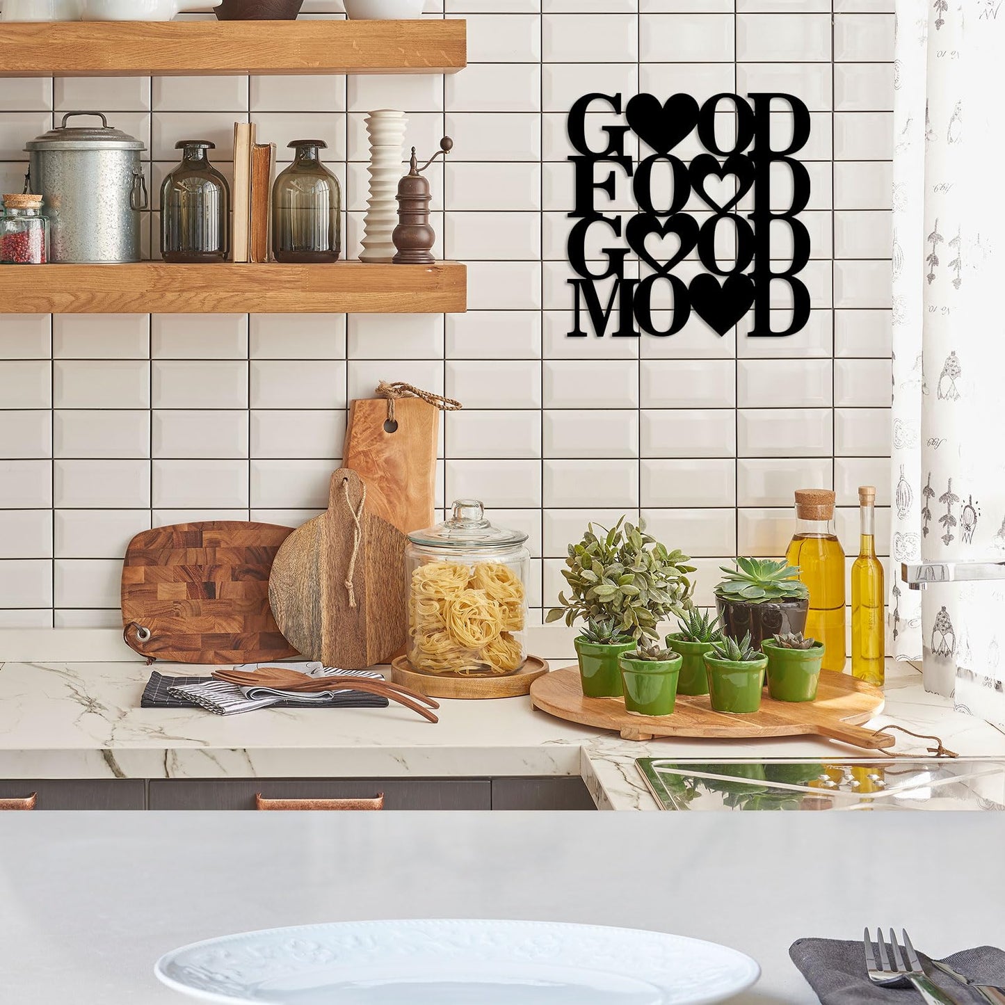 Good Food Good Mood Metal Wall Art Sign, Farmhouse Dining Room Kitchen Wall Decor Housewarming Gift Counter Pantry Sign Black, 11.6x11.6 inches