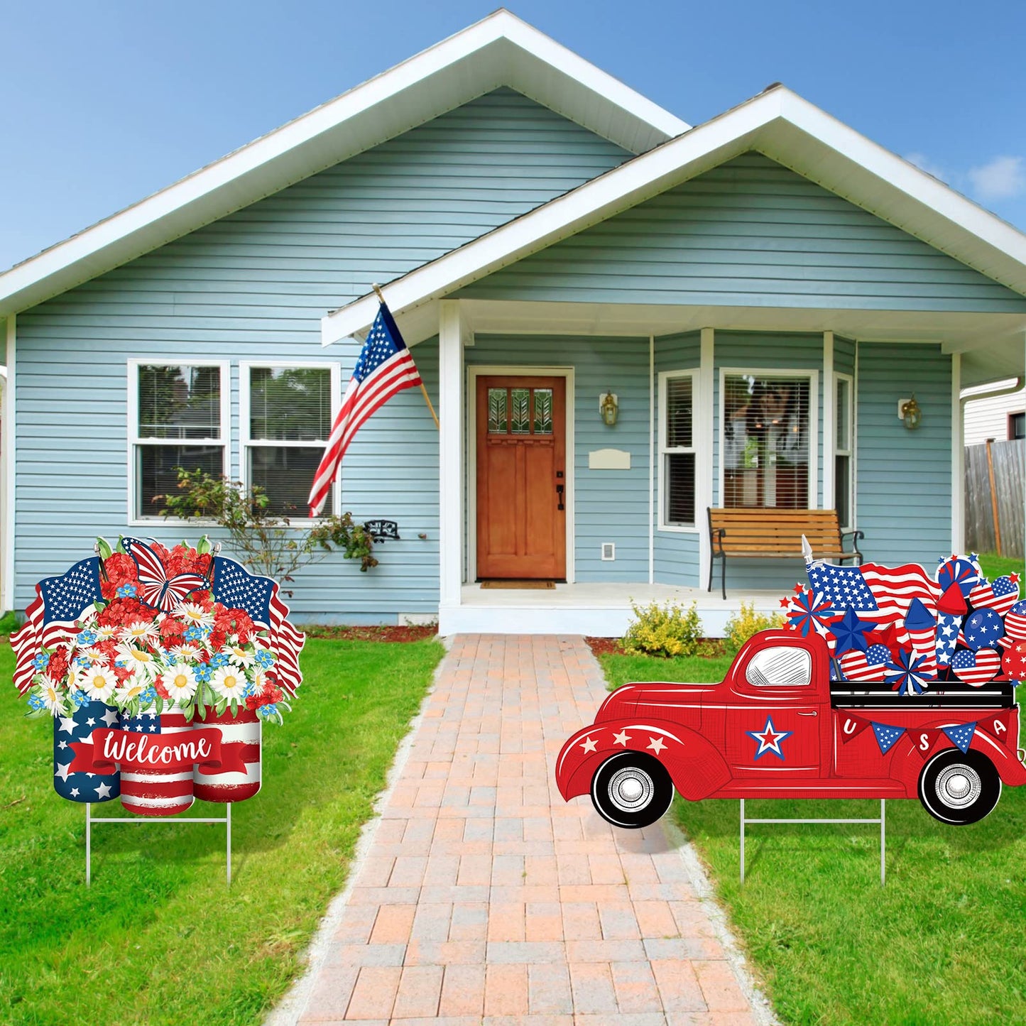 2 Psc 4th of July Yard Sign Patriotic Decorations Outdoor 250th Anniversary Memorial Day Welcome Sign with Stakes Weatherproof Independence Day Truck Flower Home Yard Decor for Garden Lawn