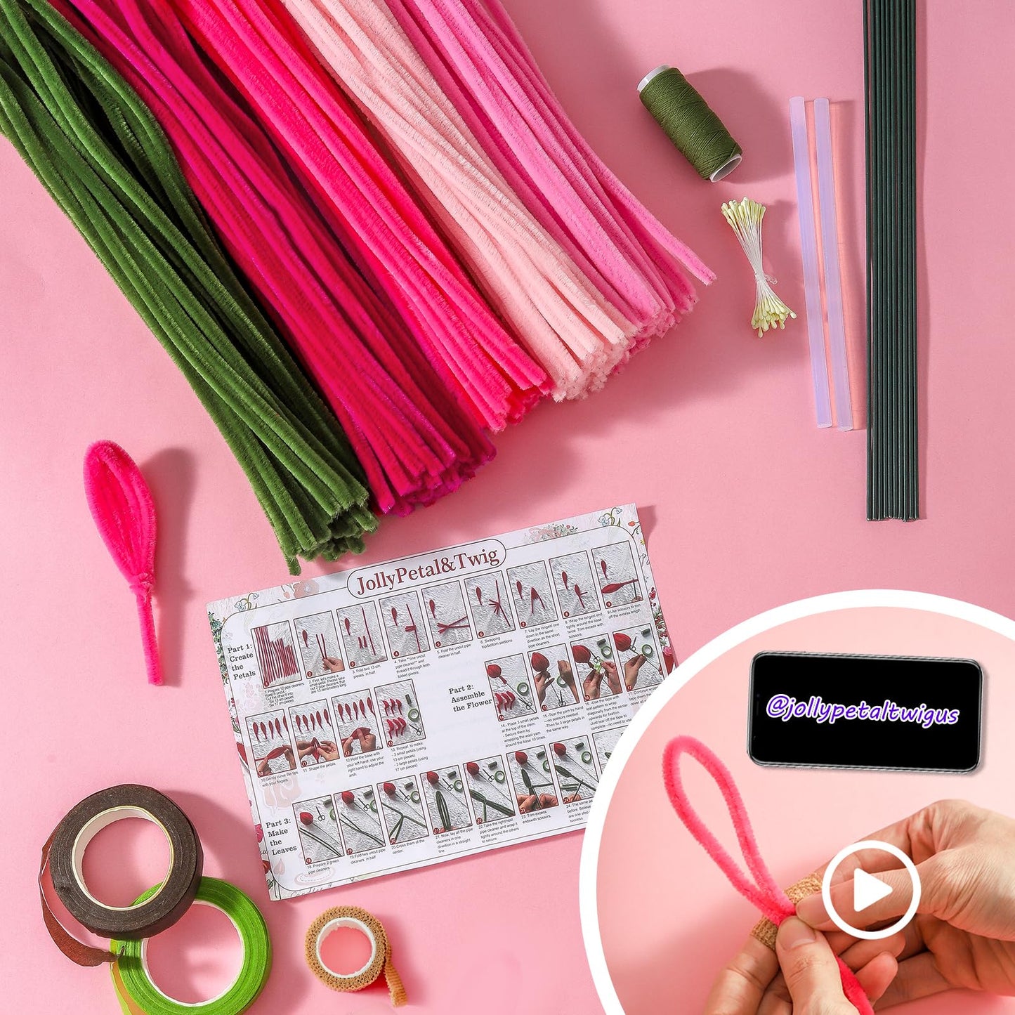 JollyPetal&Twig Pipe Cleaners Craft 5 Colors,Chenille Stems Plush Craft Kit,Pink Pipe Cleaners Flowers Kit with Floral Tape for Wedding Gifts Graduation Bouquet (Pink)