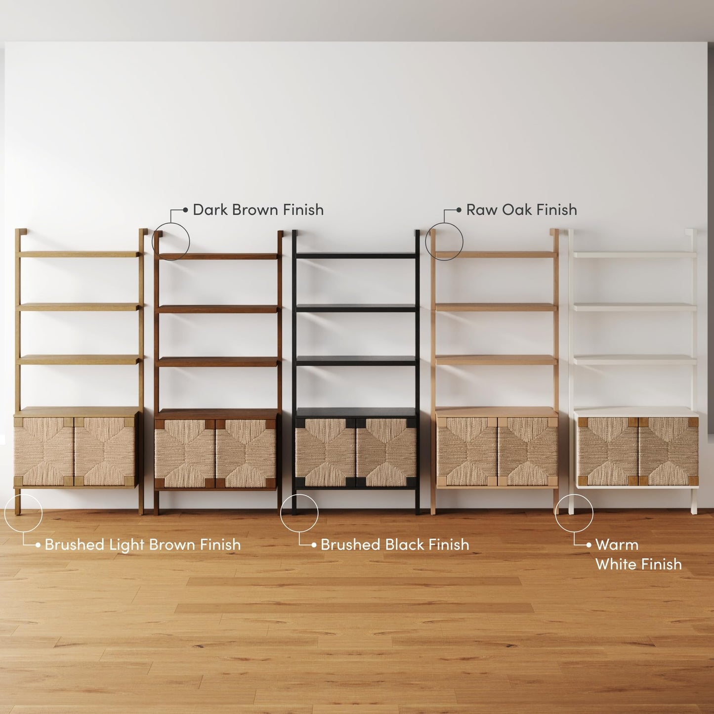 Nathan James Beacon 3-Shelf Solid Wood Bookshelf with Storage Cabinet, Bohemian Wall Mounted Shelf with Seagrass Door Fronts