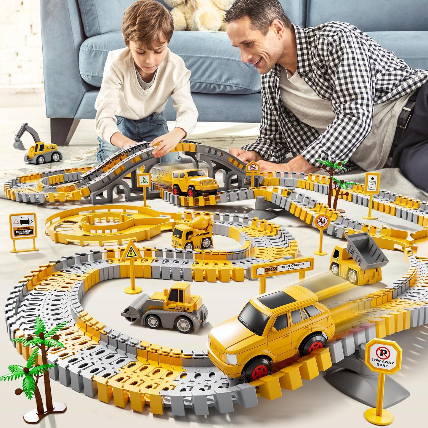 iHaHa Toddlers Construction Race Tracks Toys Gifts for 3 4 5 6 Years Old Boys Kids, 2PCS Electric Race Cars & 4 PCS Construction Trucks, Birthday Gift Toys for Boys 2 3 4 5 6+