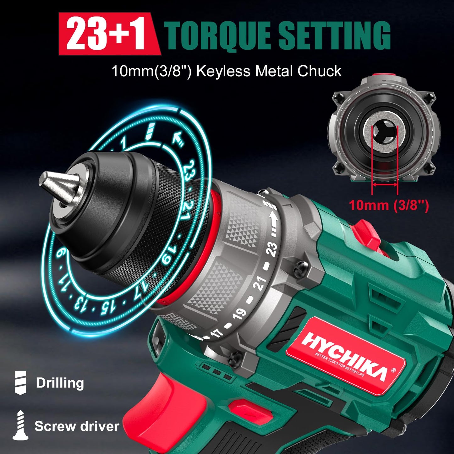 HYCHIKA Drill Set, True Brushless Power Drill Driver 16.8V Cordless Compact Drill Woman Man,410 IN-LB, LED Light,2 Variable Speed 23+1 Torque 3/8" Keyless Chuck, 1 Lithium-Ion Battery