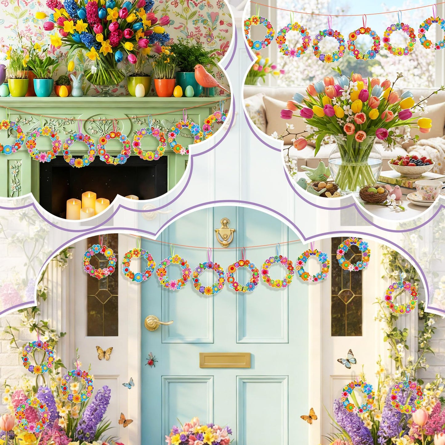 Hollowfly 48 Sets Flower Wreath Craft Kits DIY Summer Hanging Ornaments Decoration Make Your Own Floral Paper Craft with Stickers for Spring Summer Party Favors Seasonal Activities Supplies