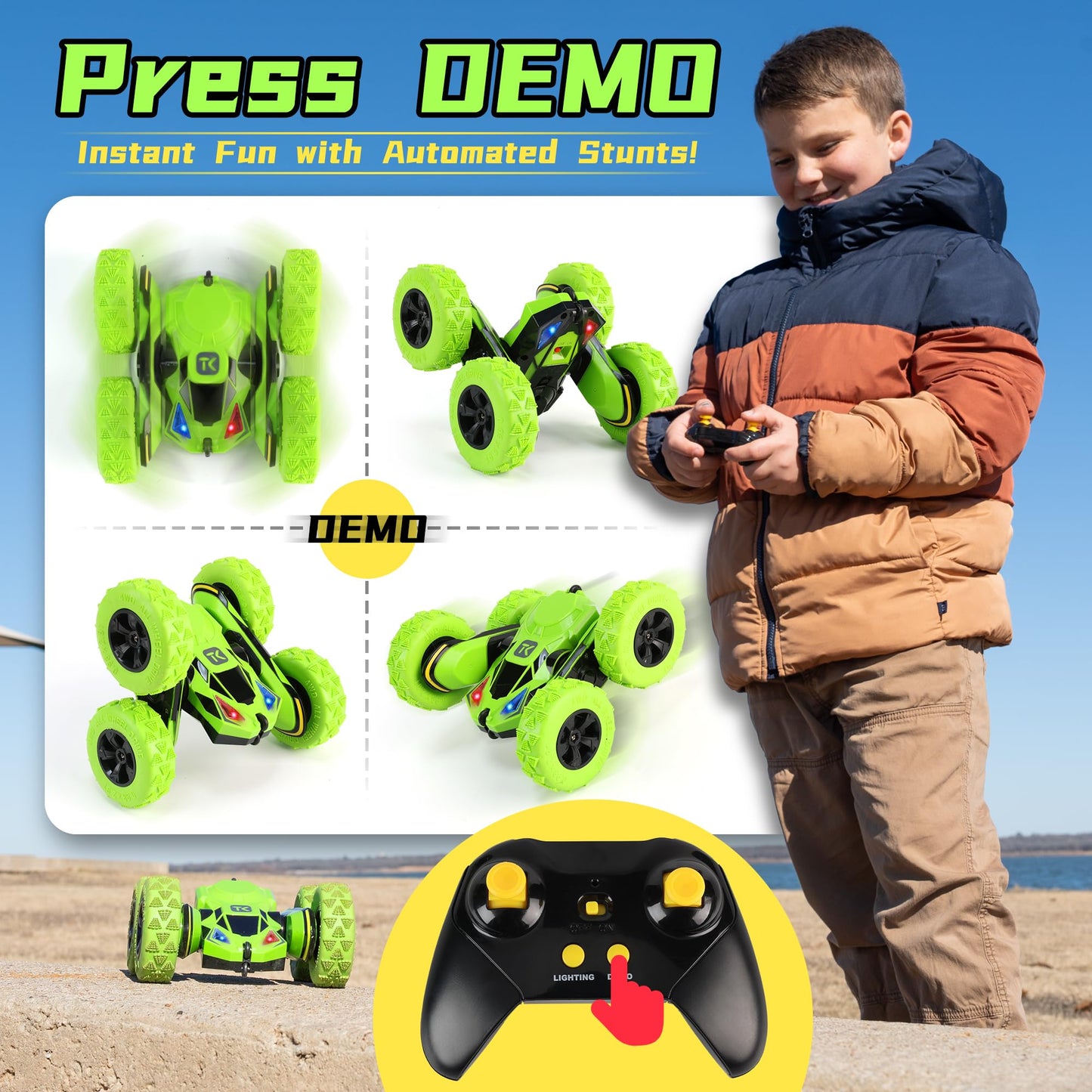 Threeking Remote Control Car RC Flip Stunt Double Sided Driving Cars Toys for Boys Girls Ages 6-12, 4WD 360° Flips with Breathing Soft Lights, Presents Gifts, Green