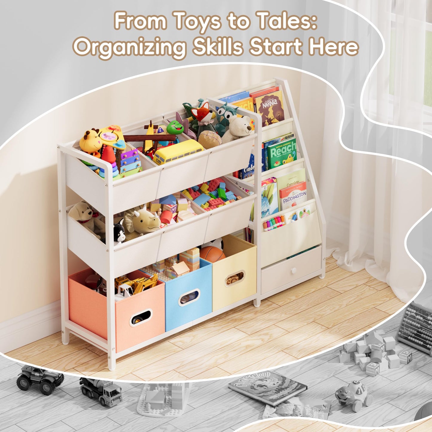 HAVLOTII Toy Storage Organizer - Kids Bookshelf and Toy Storage with 3 Book Shelf and 10 Storage Bins, Montessori Playroom Storage for Toddler, Baby, Book Shelf for Kids Rooms