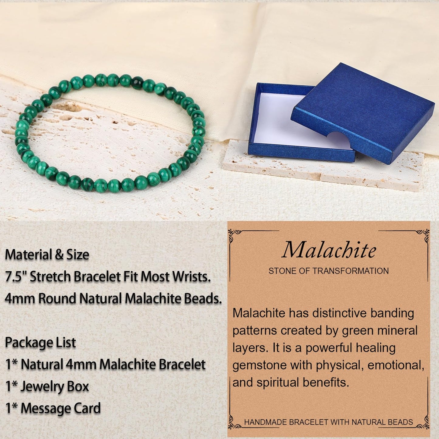 LPBeads Handmade Natural Gemstone Stretch Elastic 4mm Malachite Bracelet Healing Crystal Round Stone Beads Jewelry Gifts for Women Men
